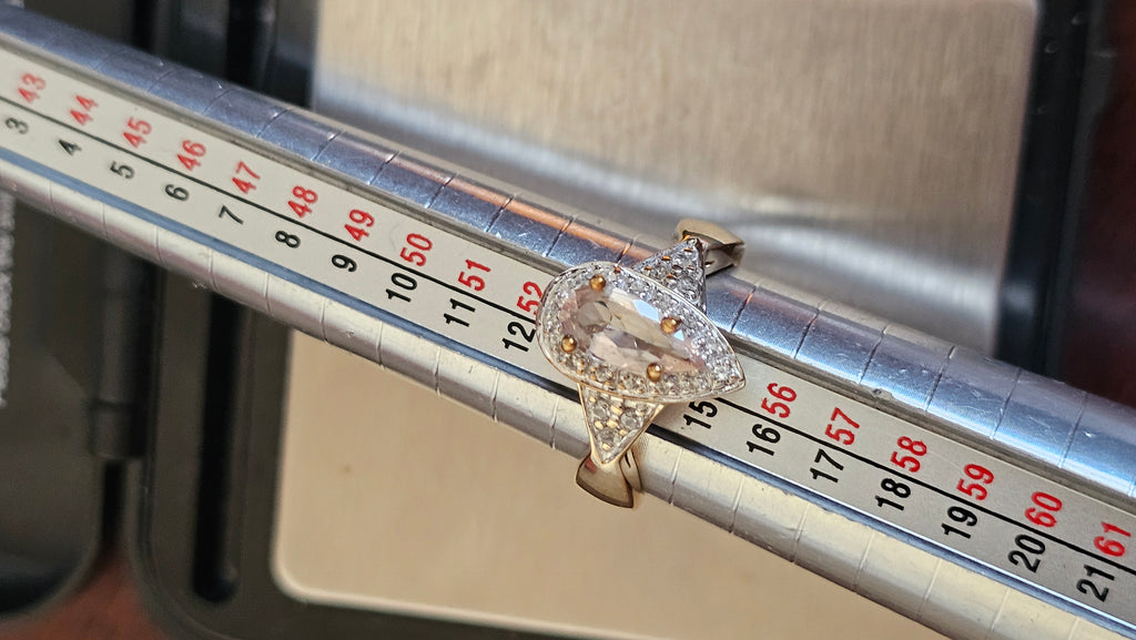 9ct Yellow Gold Natural Morganite and Zircon Pear Halo Ring - Size N