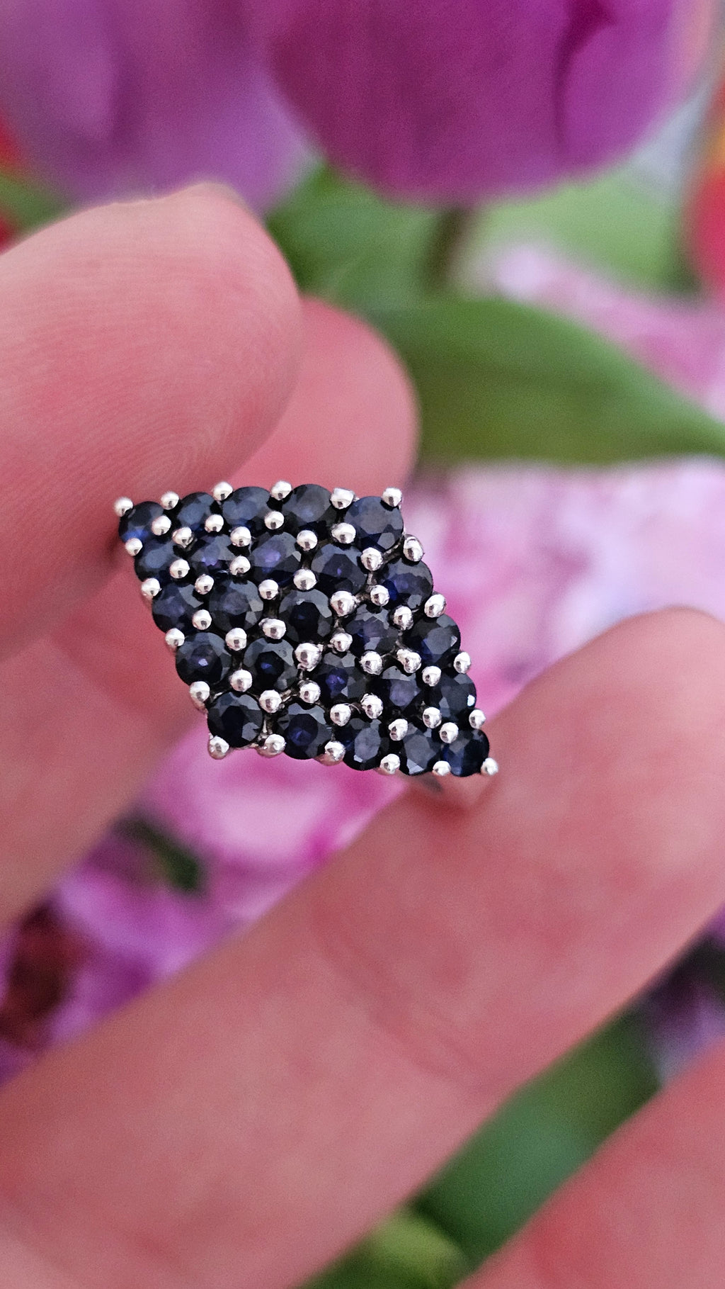 925 Sterling Silver Natural Sapphire Cluster Statement Ring – UK Size R