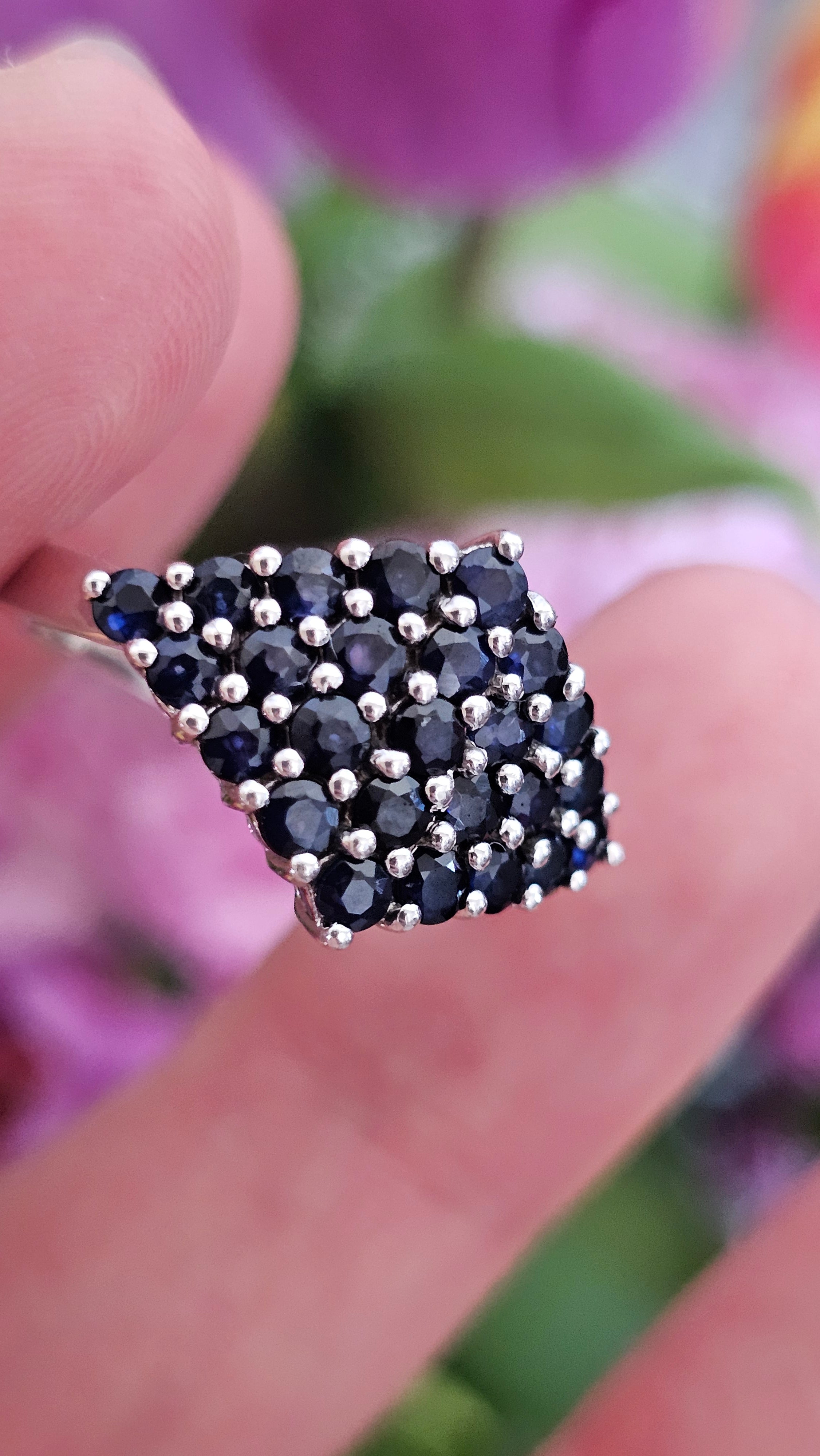 925 Sterling Silver Natural Sapphire Cluster Statement Ring – UK Size R