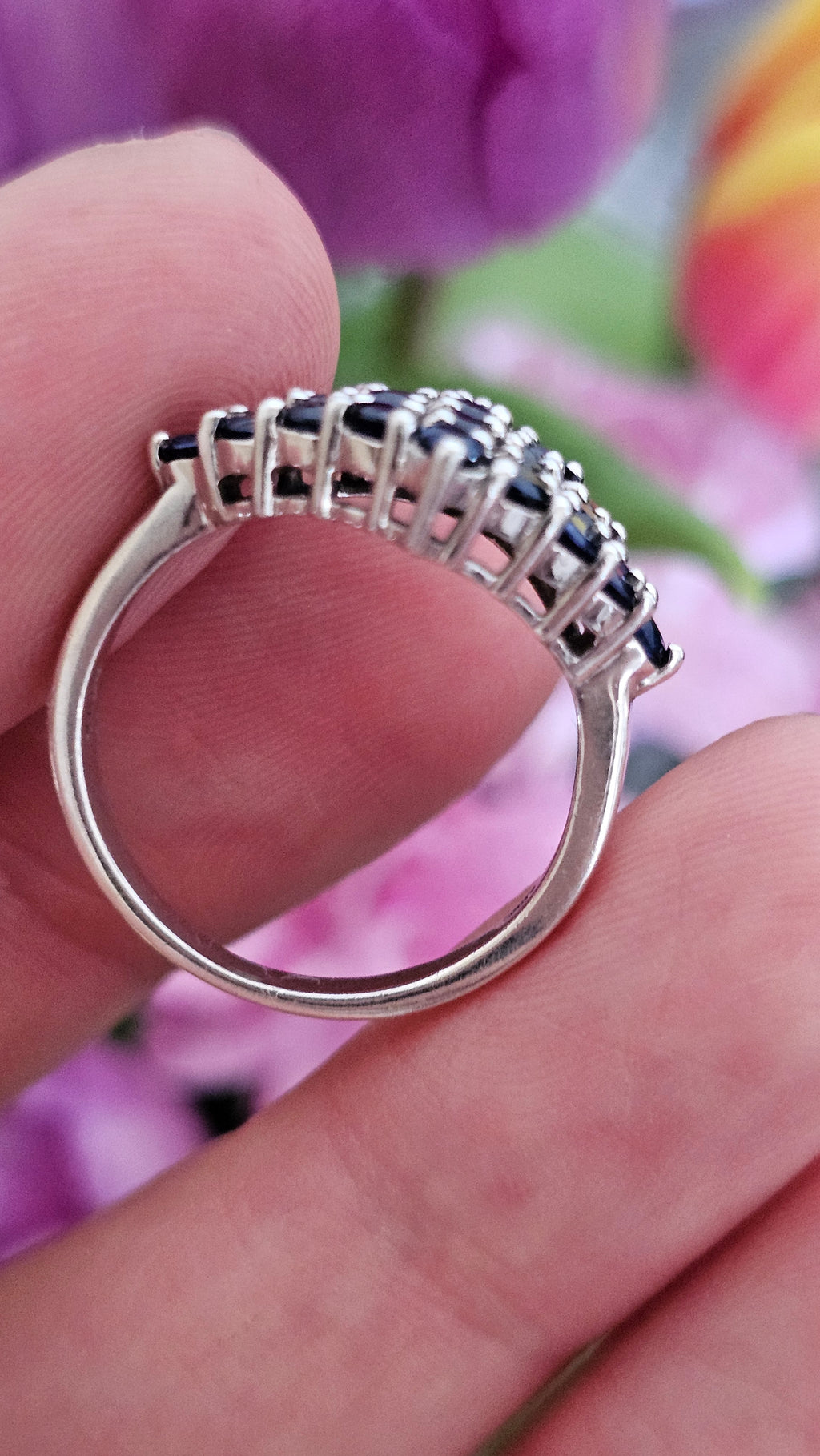 925 Sterling Silver Natural Sapphire Cluster Statement Ring – UK Size R