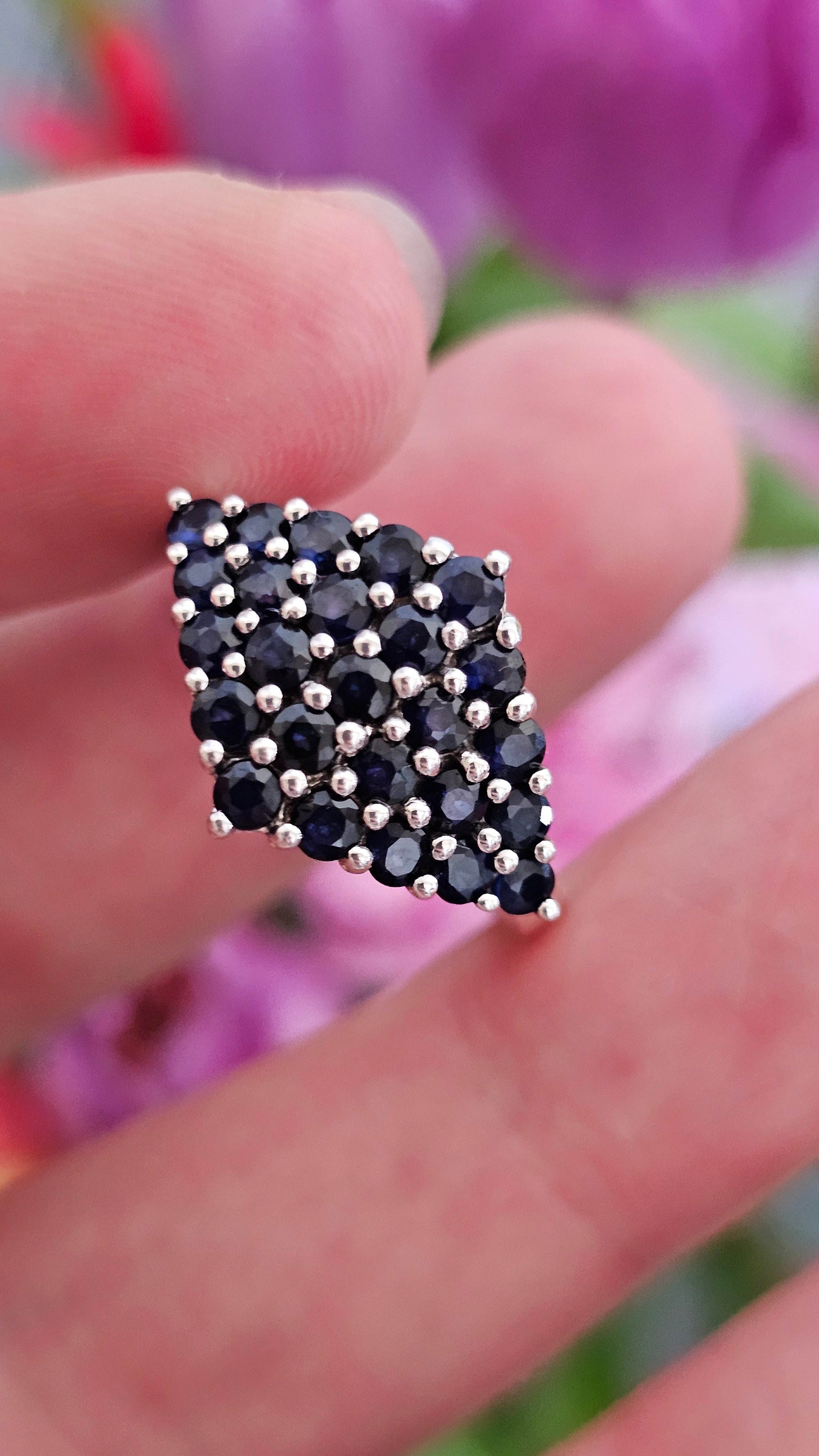 925 Sterling Silver Natural Sapphire Cluster Statement Ring – UK Size R