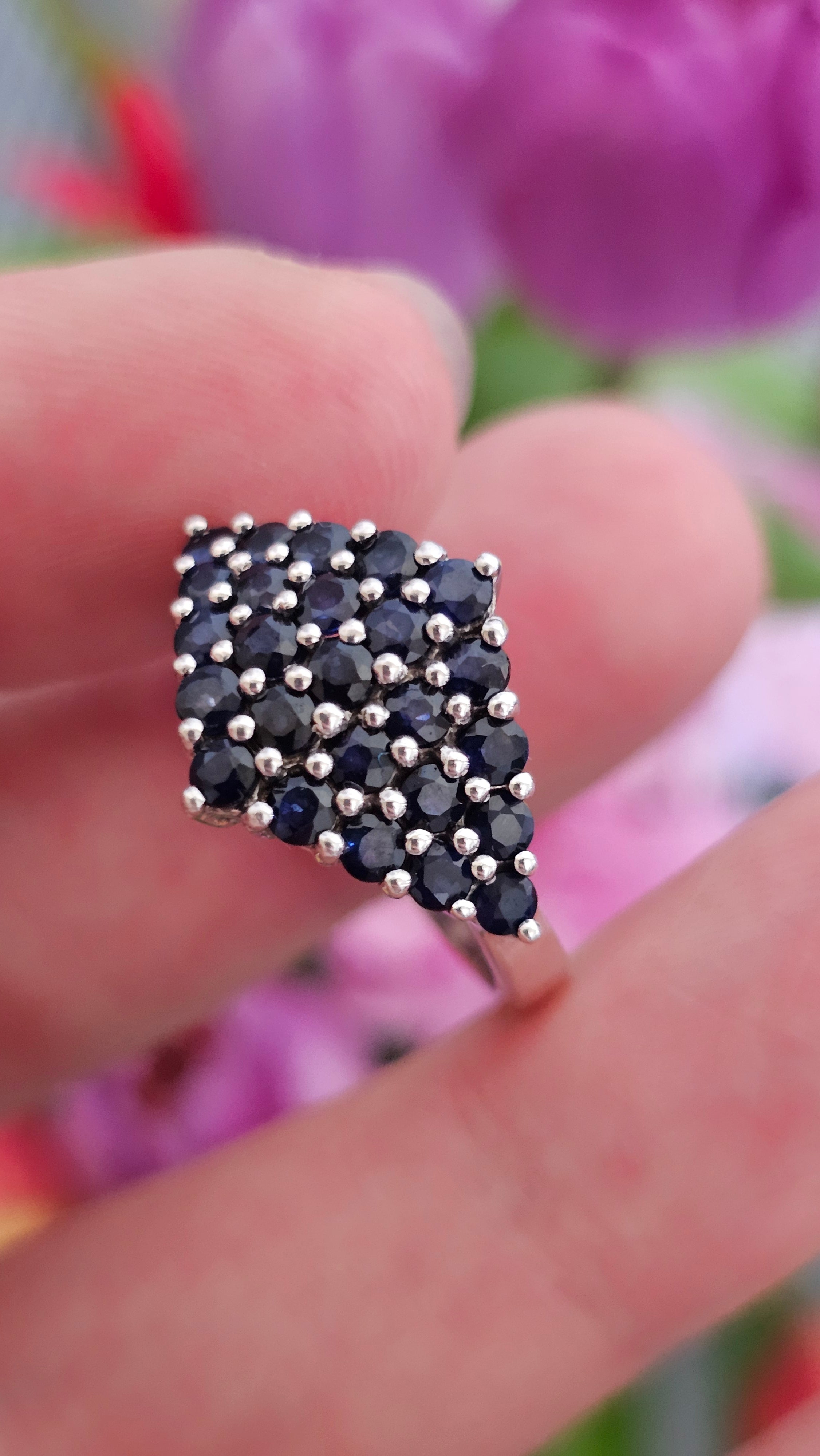 925 Sterling Silver Natural Sapphire Cluster Statement Ring – UK Size R