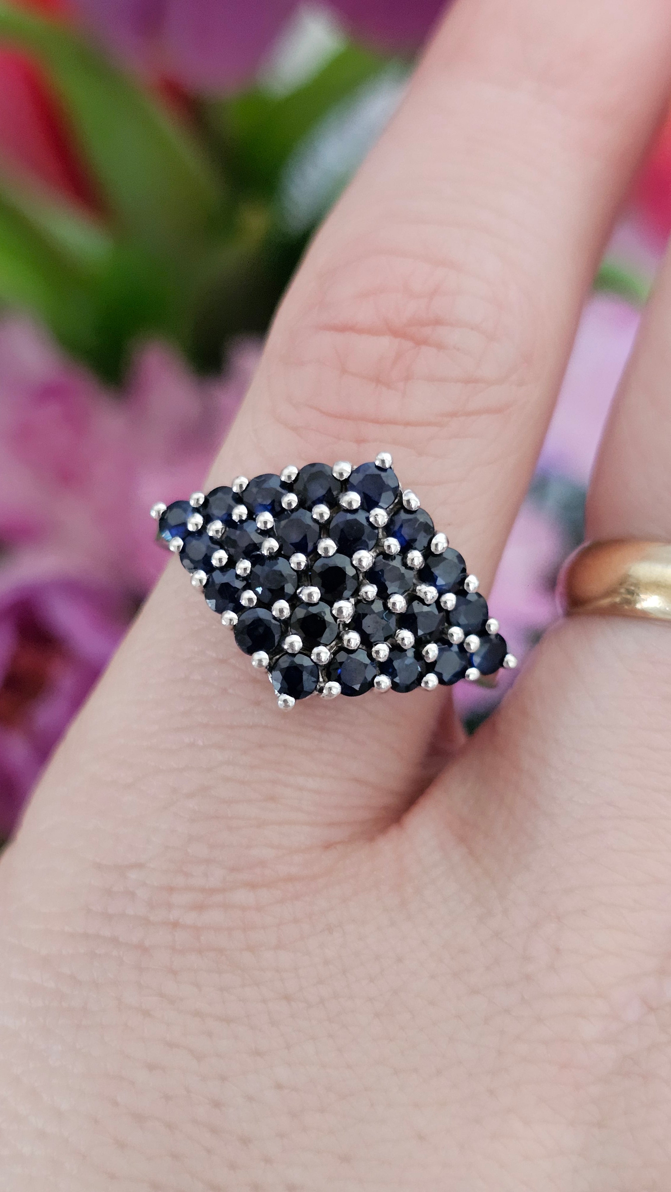 925 Sterling Silver Natural Sapphire Cluster Statement Ring – UK Size R