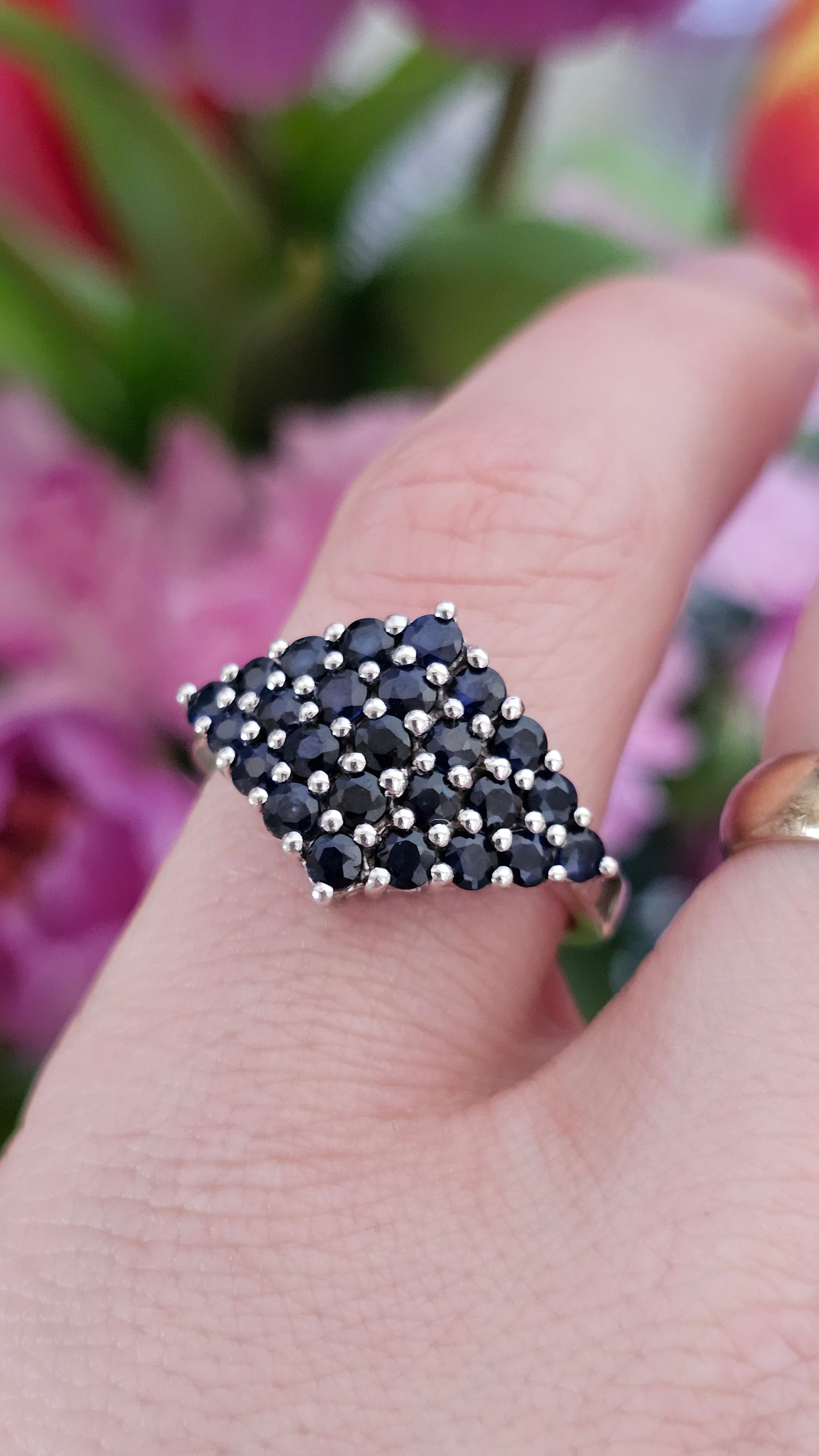 925 Sterling Silver Natural Sapphire Cluster Statement Ring – UK Size R