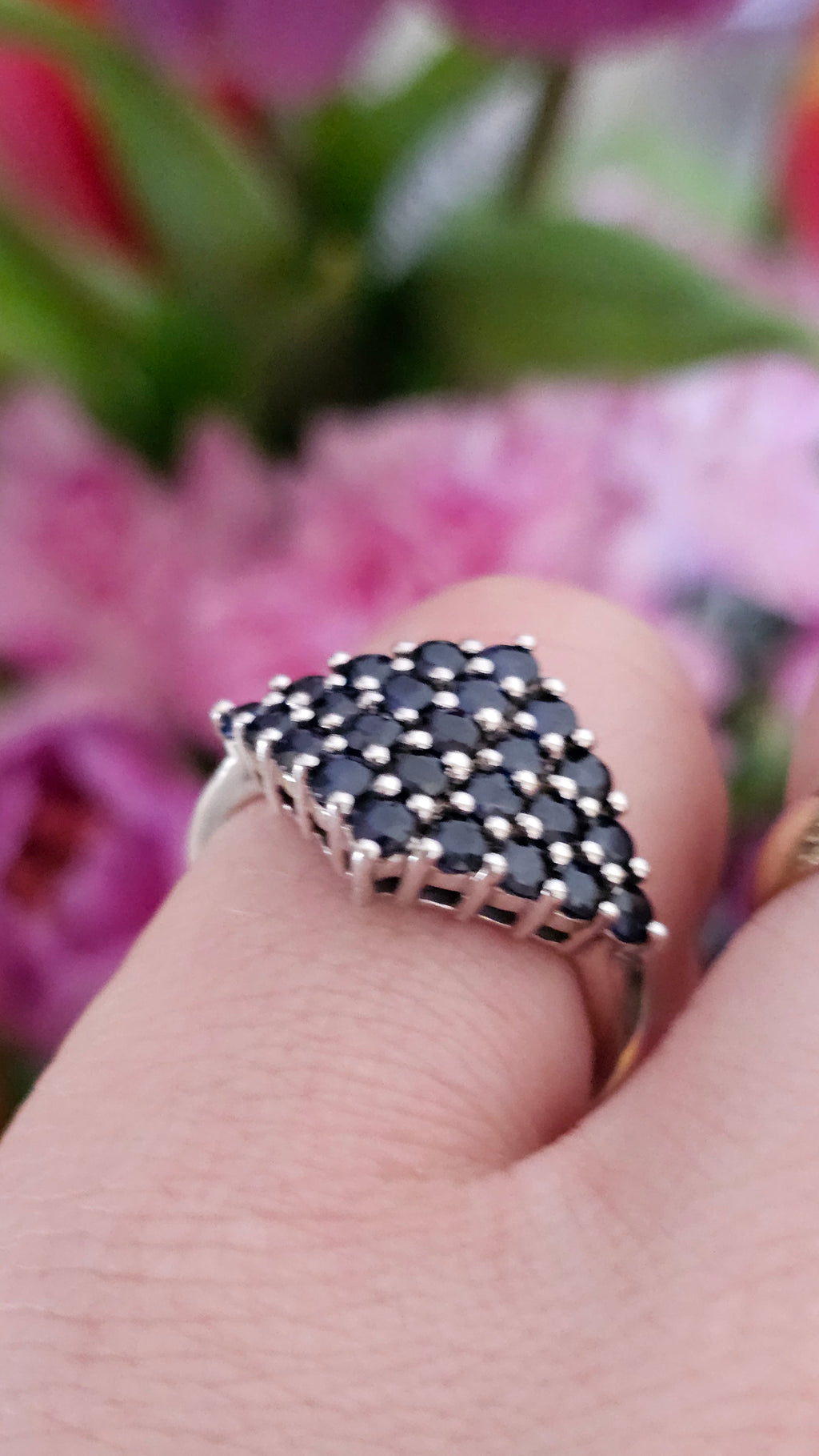 925 Sterling Silver Natural Sapphire Cluster Statement Ring – UK Size R