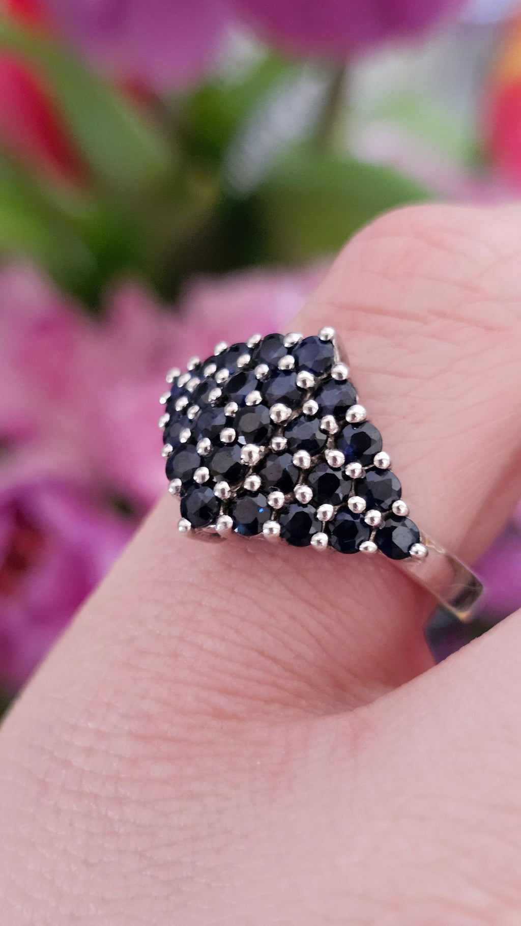 925 Sterling Silver Natural Sapphire Cluster Statement Ring – UK Size R