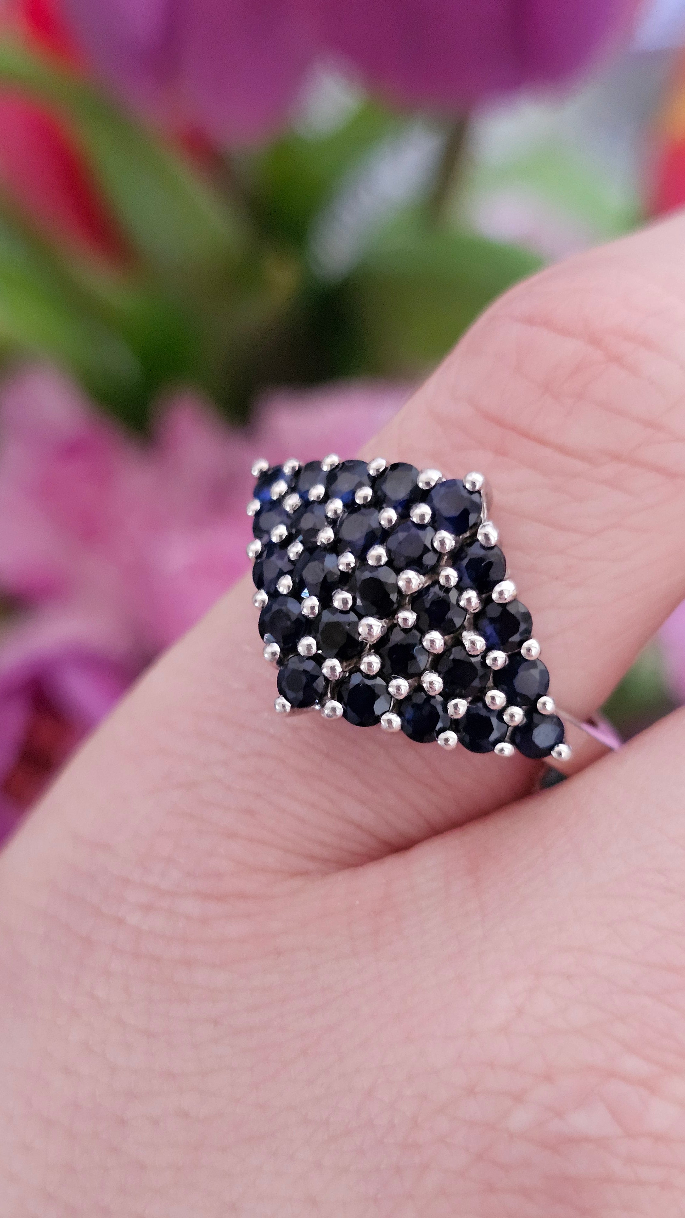 925 Sterling Silver Natural Sapphire Cluster Statement Ring – UK Size R