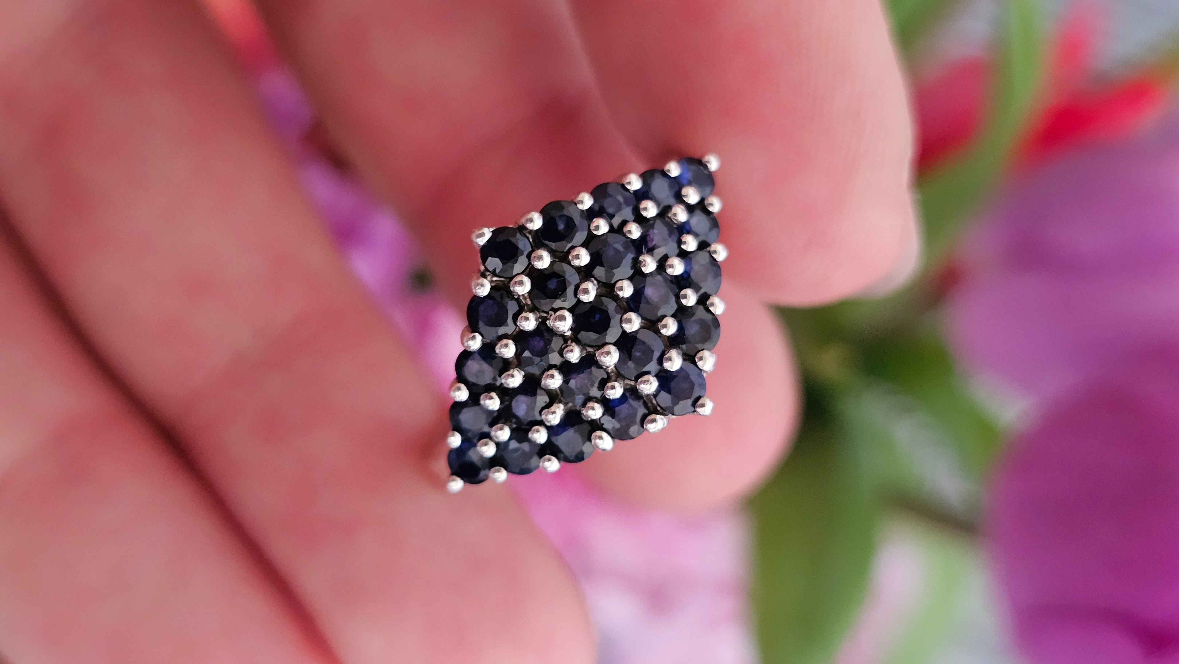 925 Sterling Silver Natural Sapphire Cluster Statement Ring – UK Size R