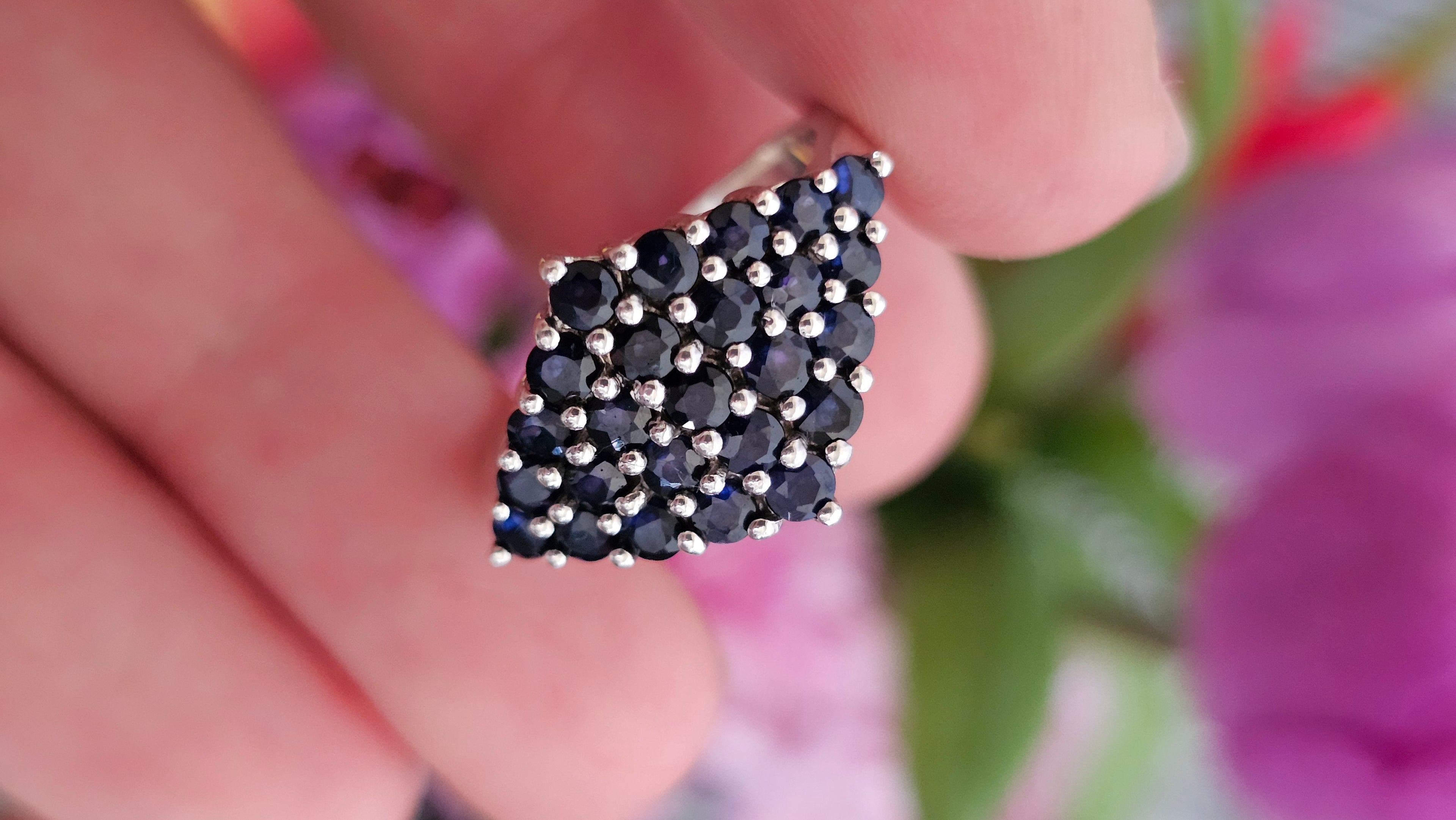 925 Sterling Silver Natural Sapphire Cluster Statement Ring – UK Size R