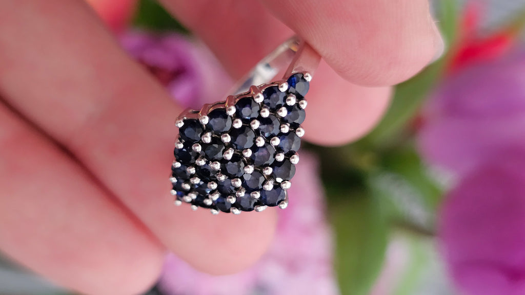 925 Sterling Silver Natural Sapphire Cluster Statement Ring – UK Size R