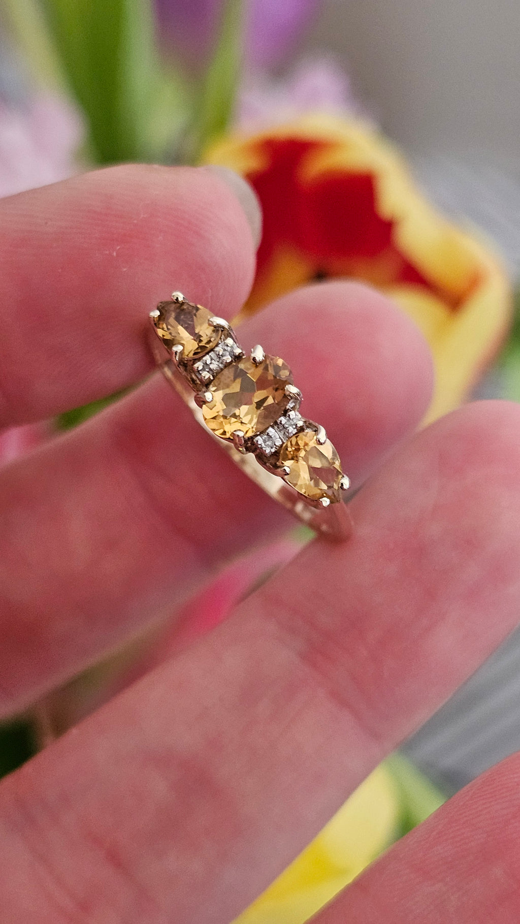 9ct Yellow Gold Natural Golden Tanzanite and Diamond Trilogy Ring , size U