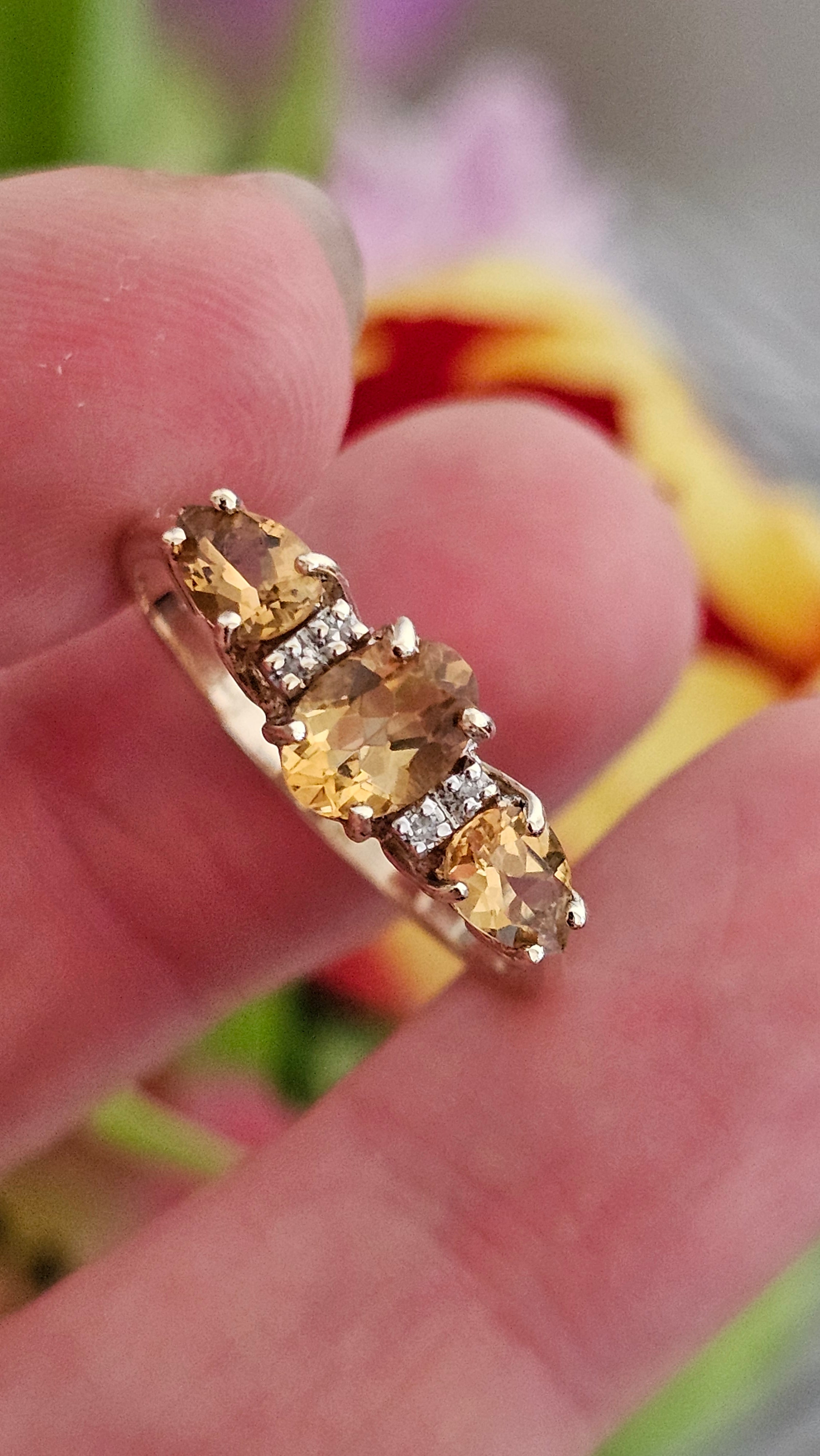 9ct Yellow Gold Natural Golden Tanzanite and Diamond Trilogy Ring , size U