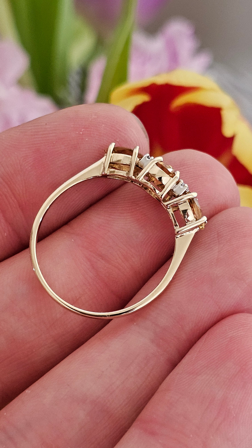 9ct Yellow Gold Natural Golden Tanzanite and Diamond Trilogy Ring , size U