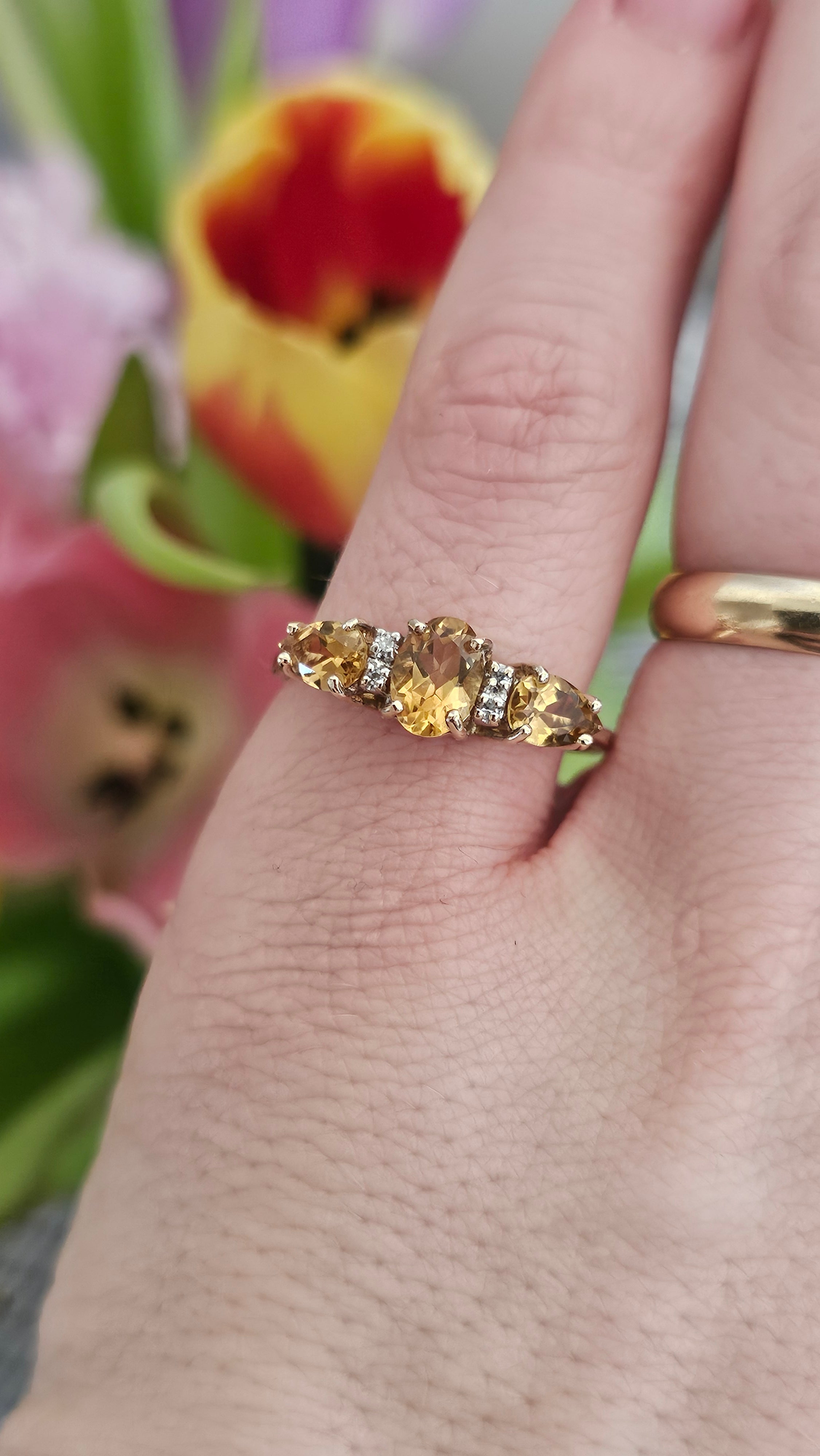 9ct Yellow Gold Natural Golden Tanzanite and Diamond Trilogy Ring , size U