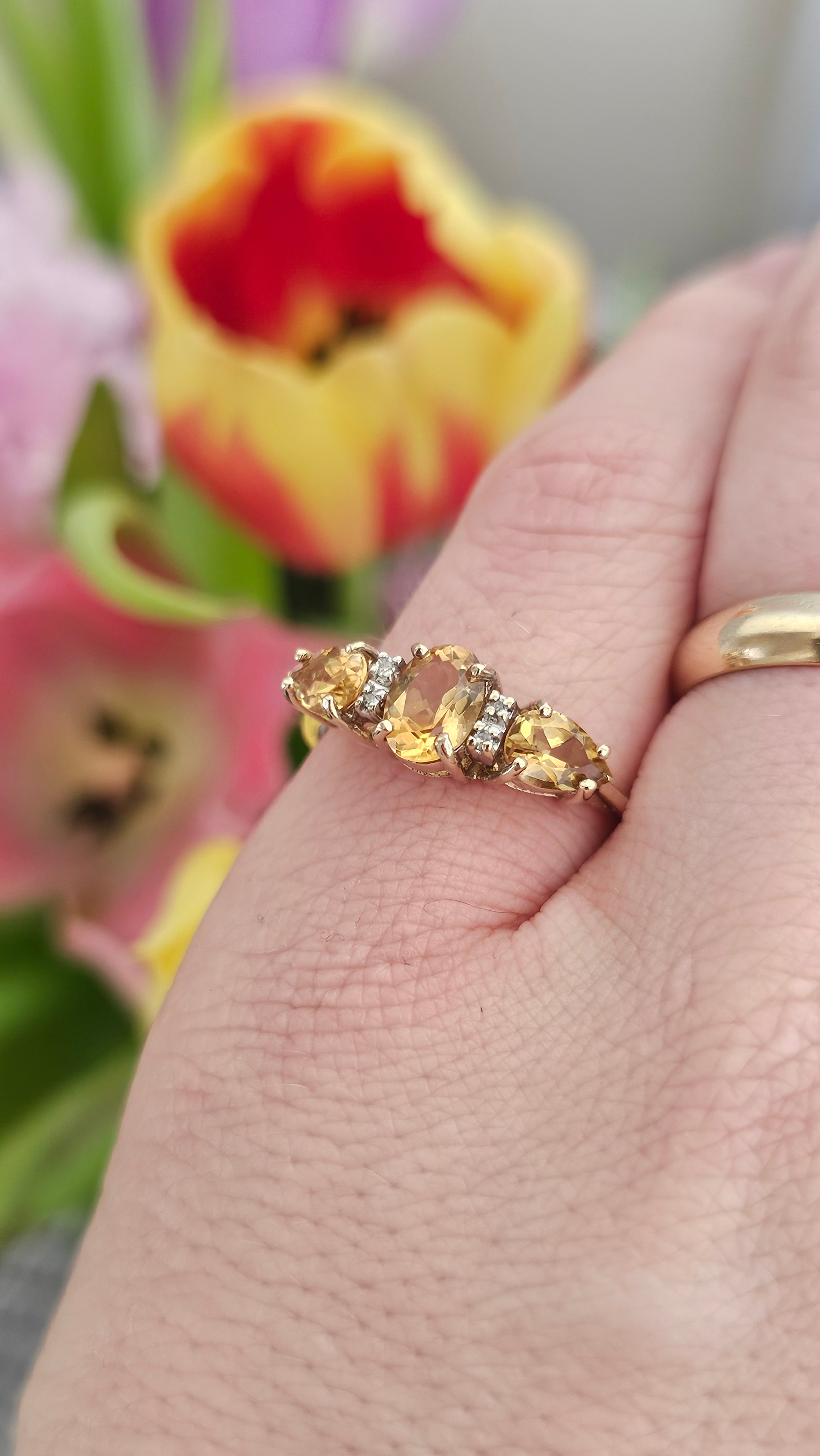 9ct Yellow Gold Natural Golden Tanzanite and Diamond Trilogy Ring , size U