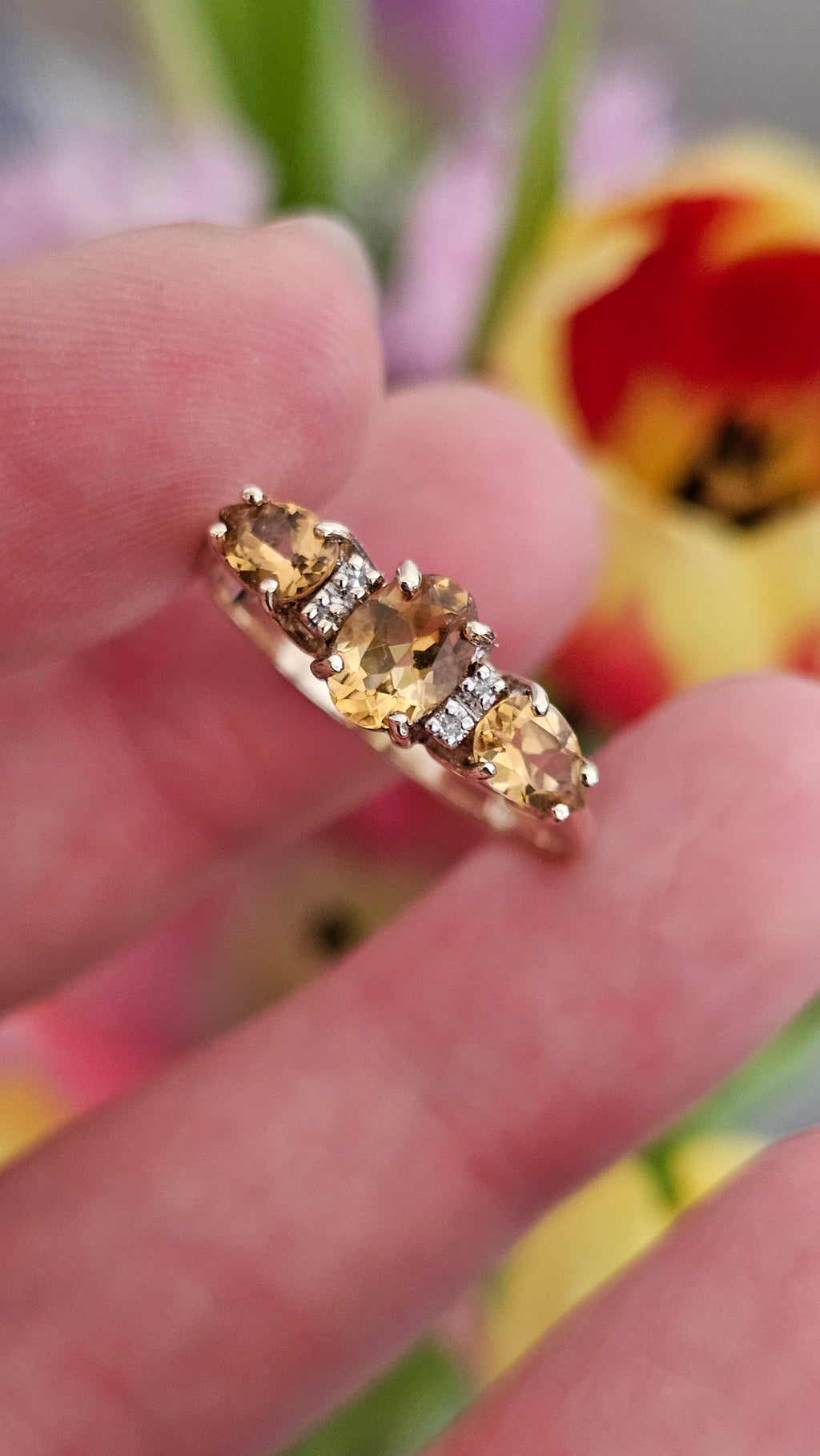 9ct Yellow Gold Natural Golden Tanzanite and Diamond Trilogy Ring , size U