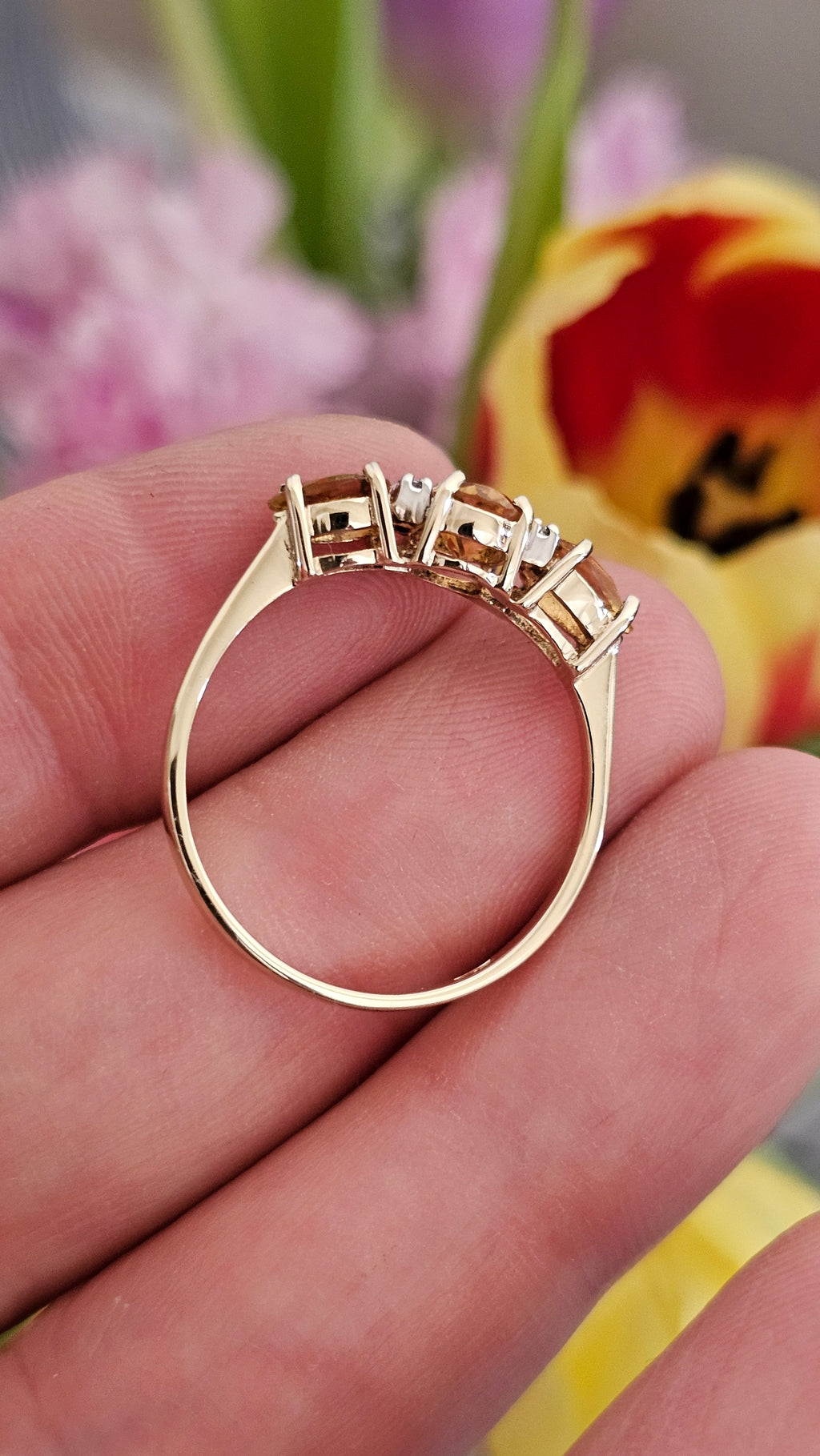 9ct Yellow Gold Natural Golden Tanzanite and Diamond Trilogy Ring , size U