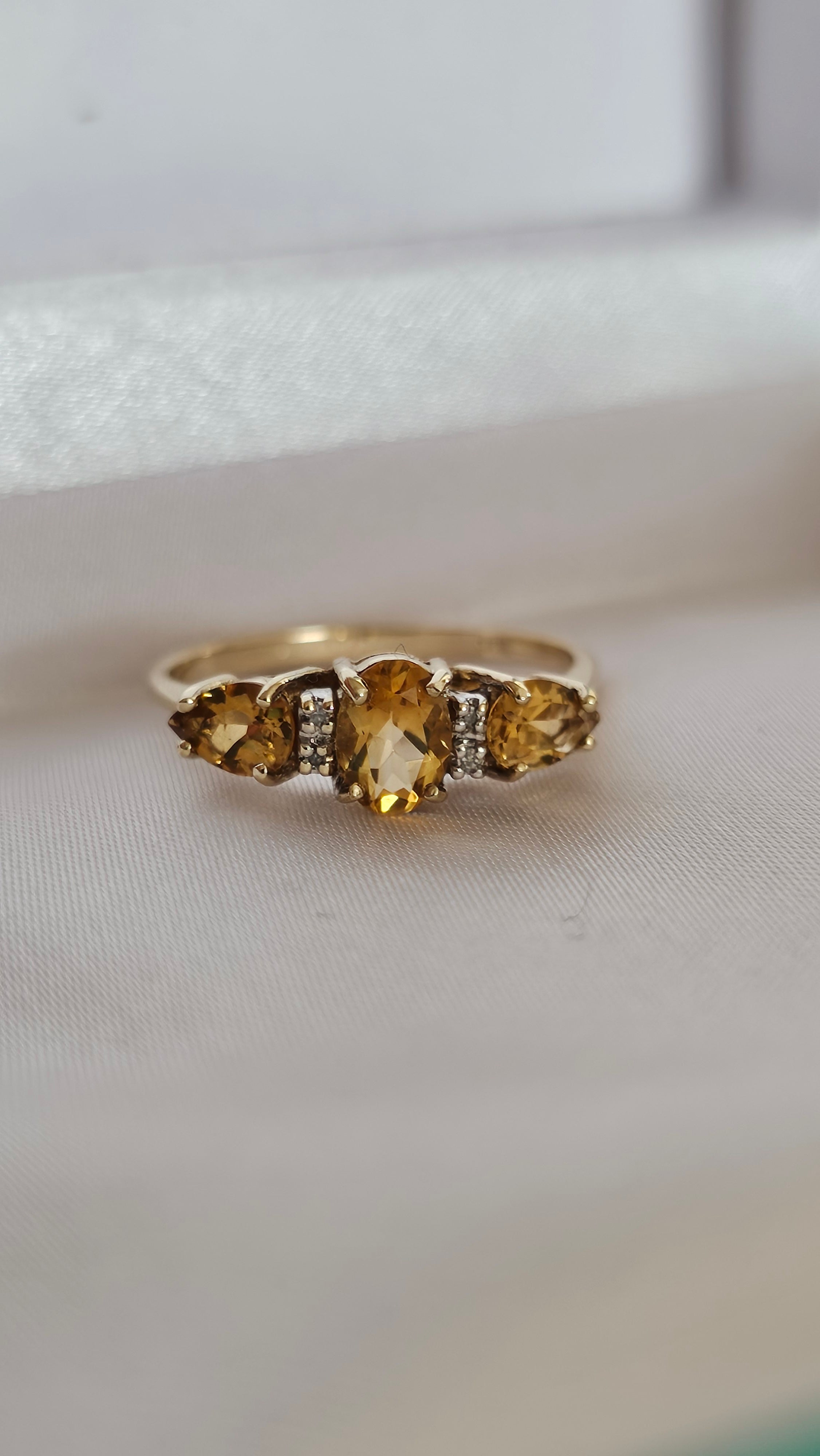 9ct Yellow Gold Natural Golden Tanzanite and Diamond Trilogy Ring , size U