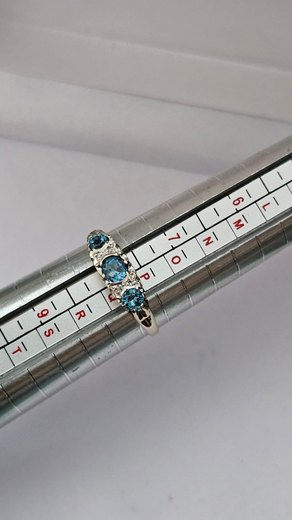 Vintage 9ct Yellow Gold set with Natural Blue Topaz and Diamond Ring, size P 1/2