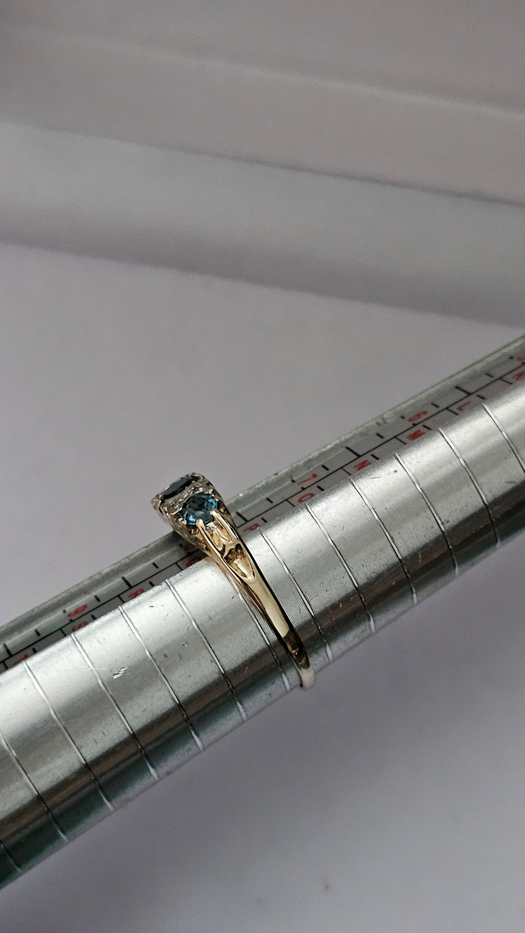 Vintage 9ct Yellow Gold set with Natural Blue Topaz and Diamond Ring, size P 1/2