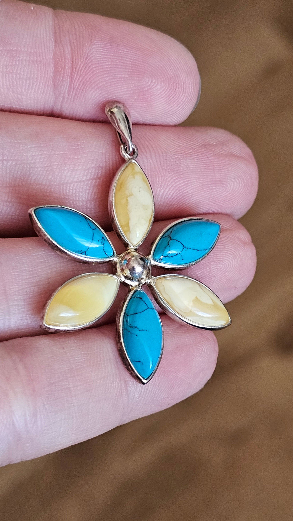 Vintage 925 Silver Turquoise & Butterscotch Amber Flower Pendant
