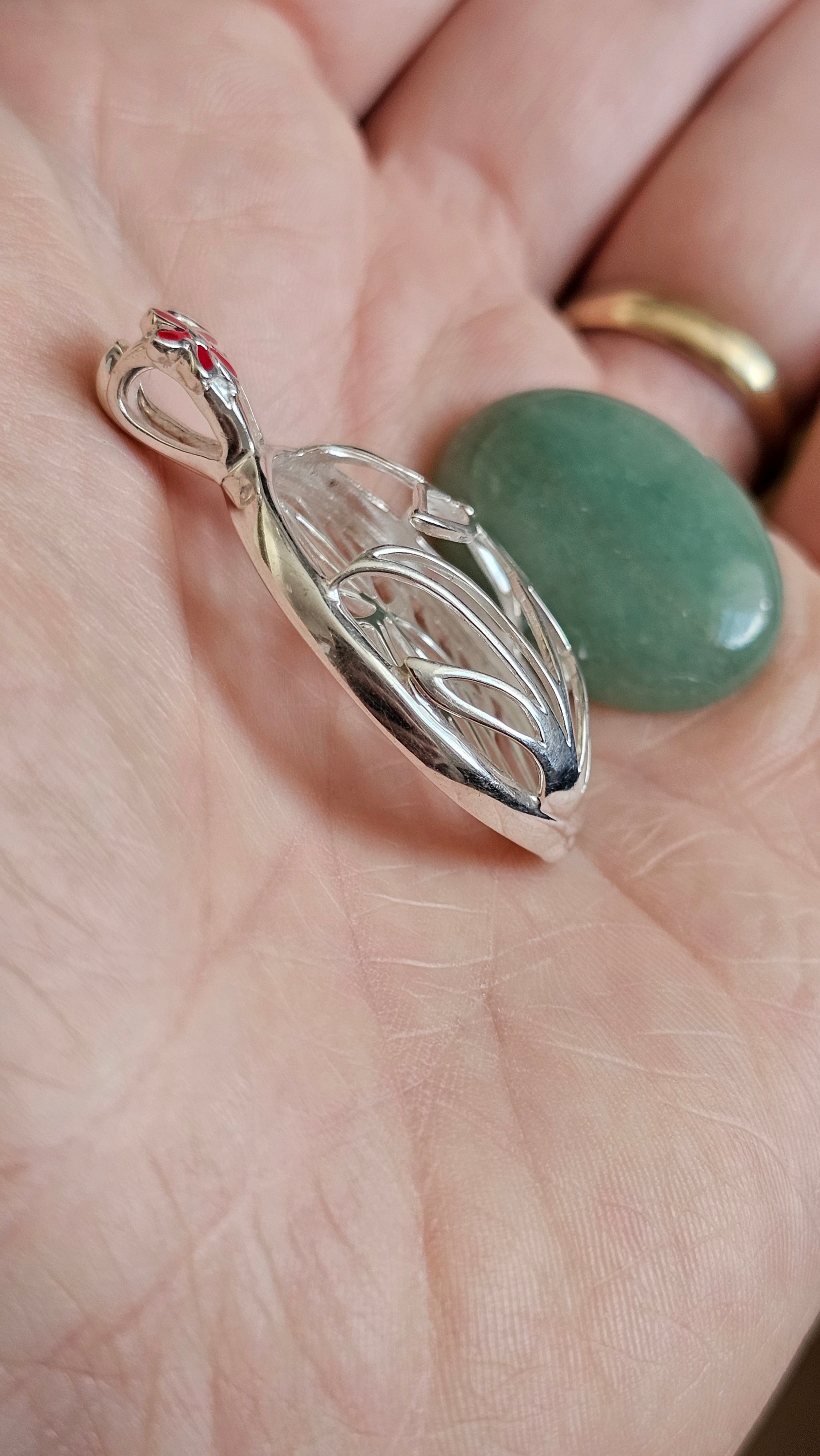 925 Sterling Silver Floral Cage Locket Pendant with Interchangeable Green Jade