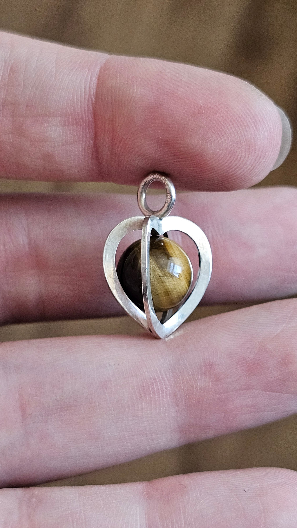Vintage Elis Kauppi for Kupittaan Kulta Sterling Silver & Tiger's Eye Heart Pendant