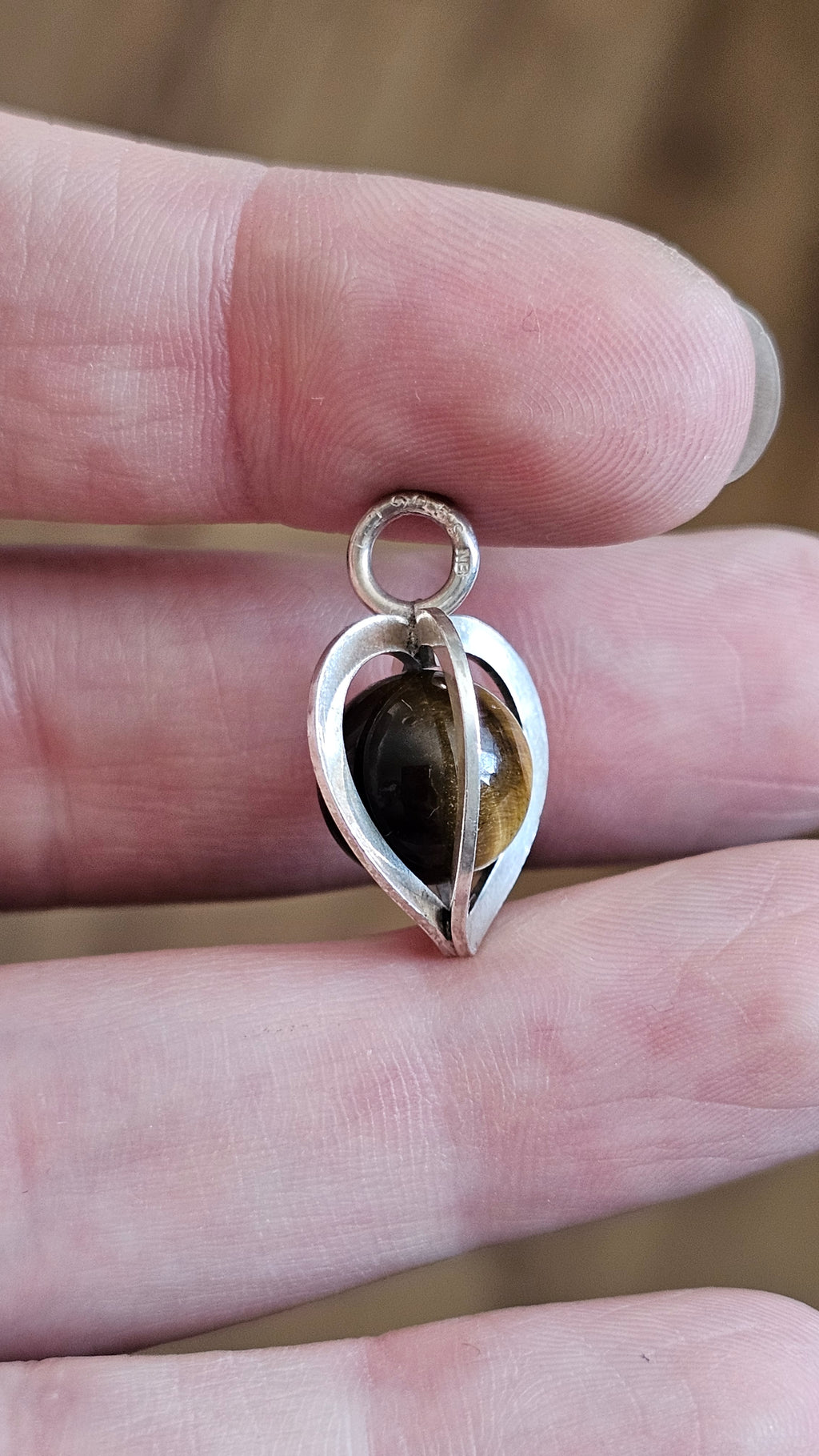 Vintage Elis Kauppi for Kupittaan Kulta Sterling Silver & Tiger's Eye Heart Pendant