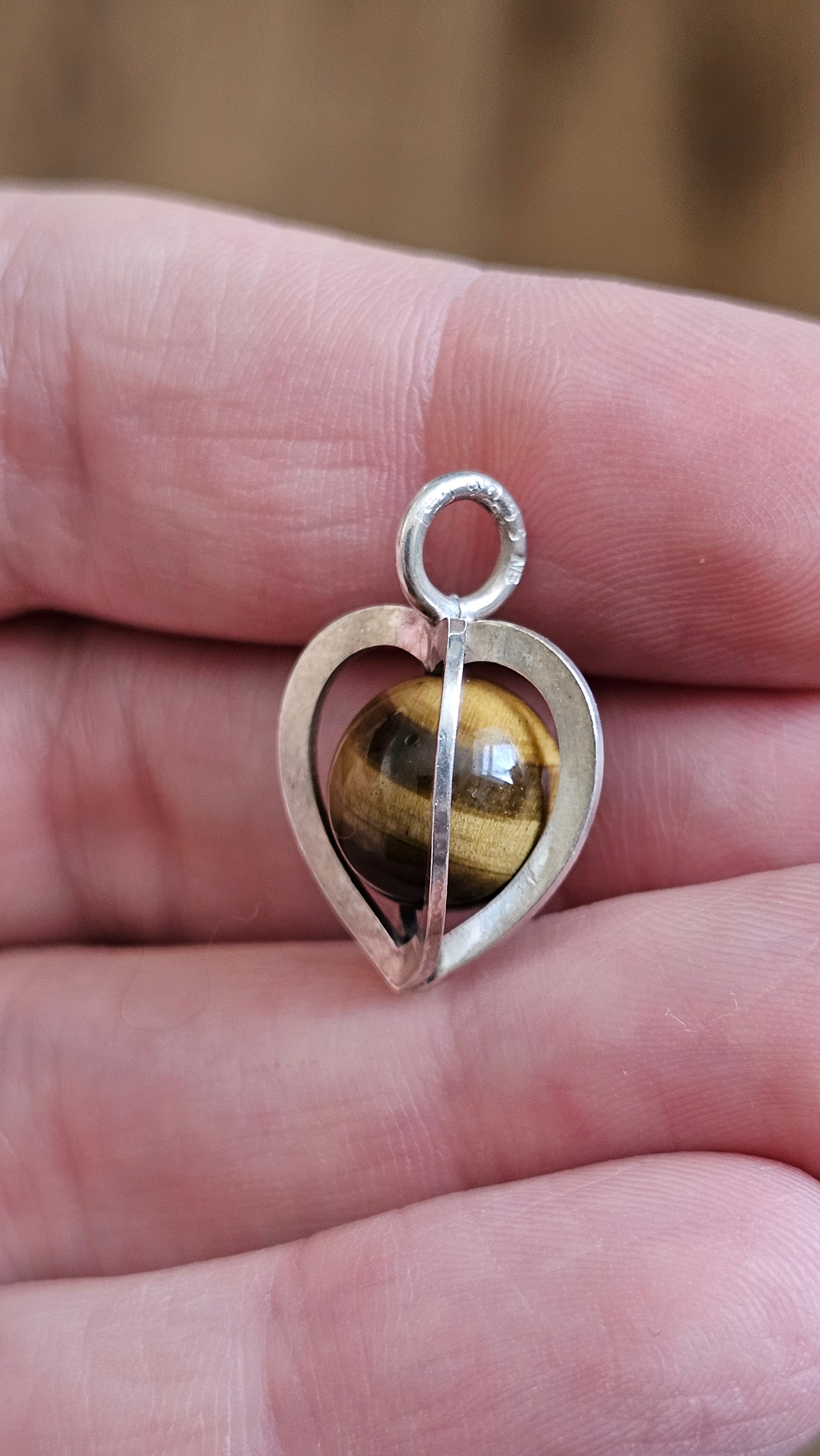 Vintage Elis Kauppi for Kupittaan Kulta Sterling Silver & Tiger's Eye Heart Pendant