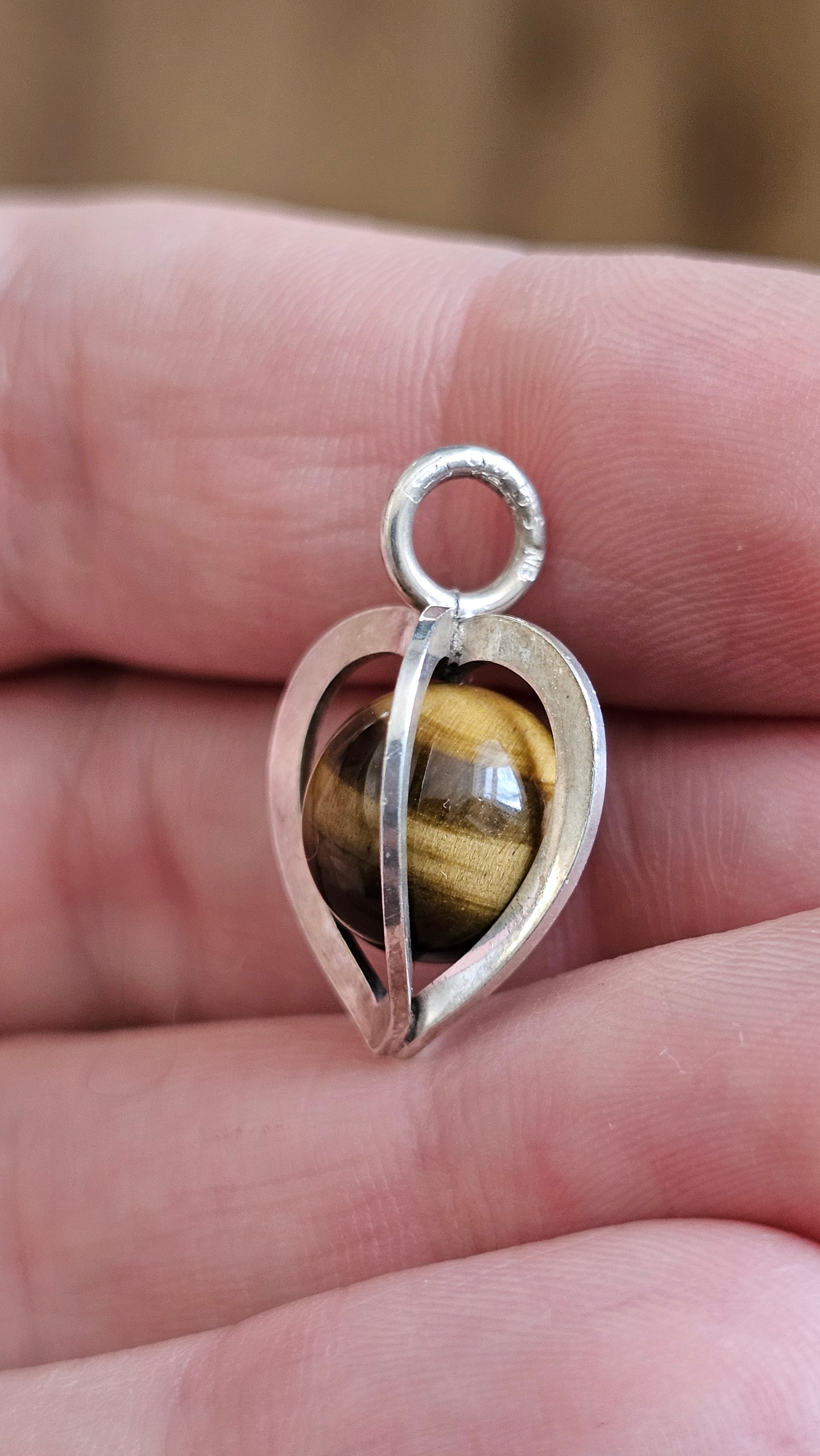 Vintage Elis Kauppi for Kupittaan Kulta Sterling Silver & Tiger's Eye Heart Pendant