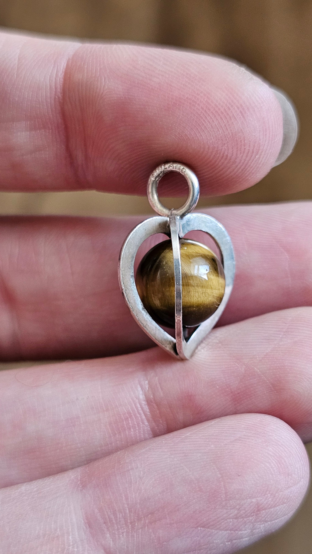 Vintage Elis Kauppi for Kupittaan Kulta Sterling Silver & Tiger's Eye Heart Pendant