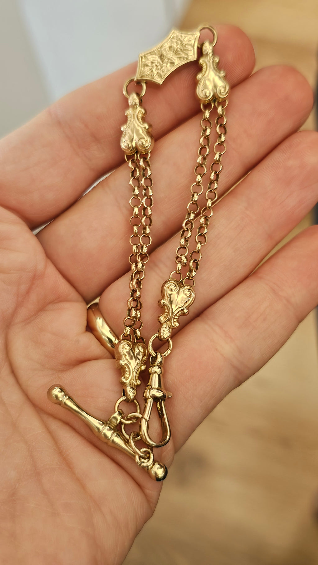 Solid 9ct Yellow Gold Double Albert Chain Bracelet with T-Bar & Dog Clip – 10.9g