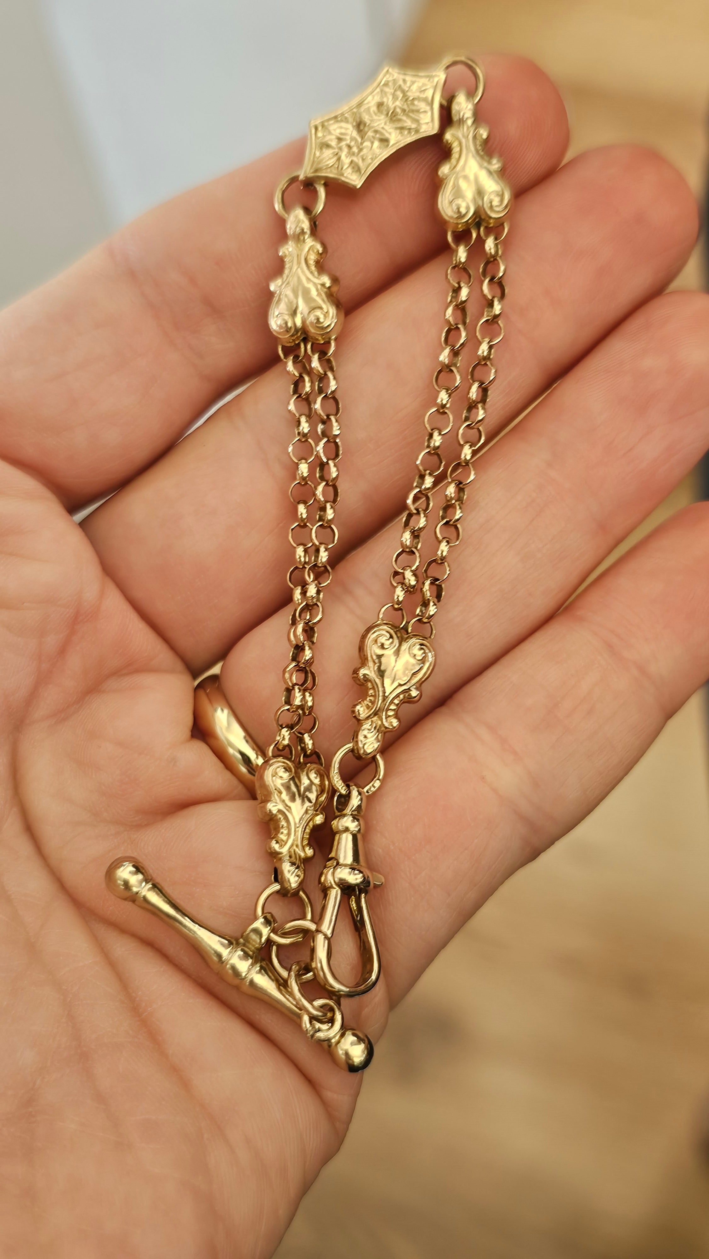 Solid 9ct Yellow Gold Double Albert Chain Bracelet with T-Bar & Dog Clip – 10.9g