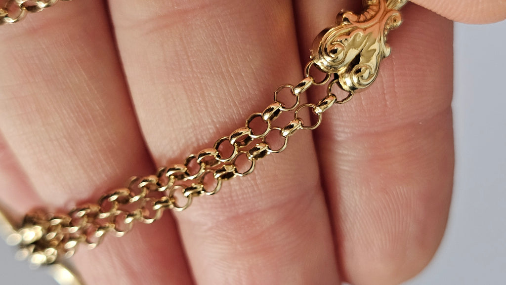Solid 9ct Yellow Gold Double Albert Chain Bracelet with T-Bar & Dog Clip – 10.9g