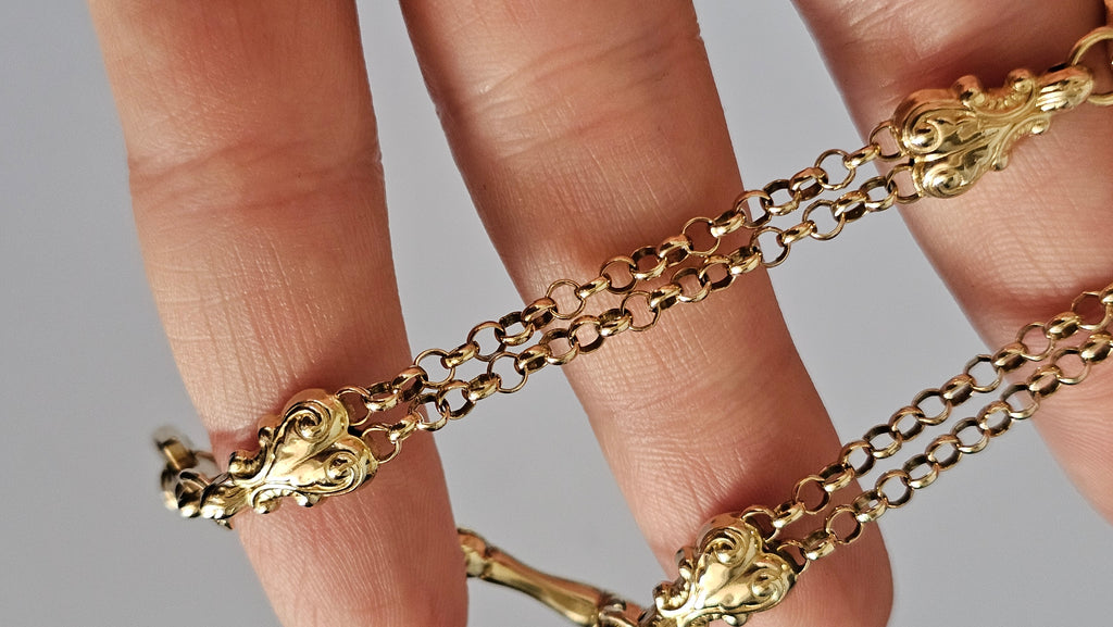 Solid 9ct Yellow Gold Double Albert Chain Bracelet with T-Bar & Dog Clip – 10.9g