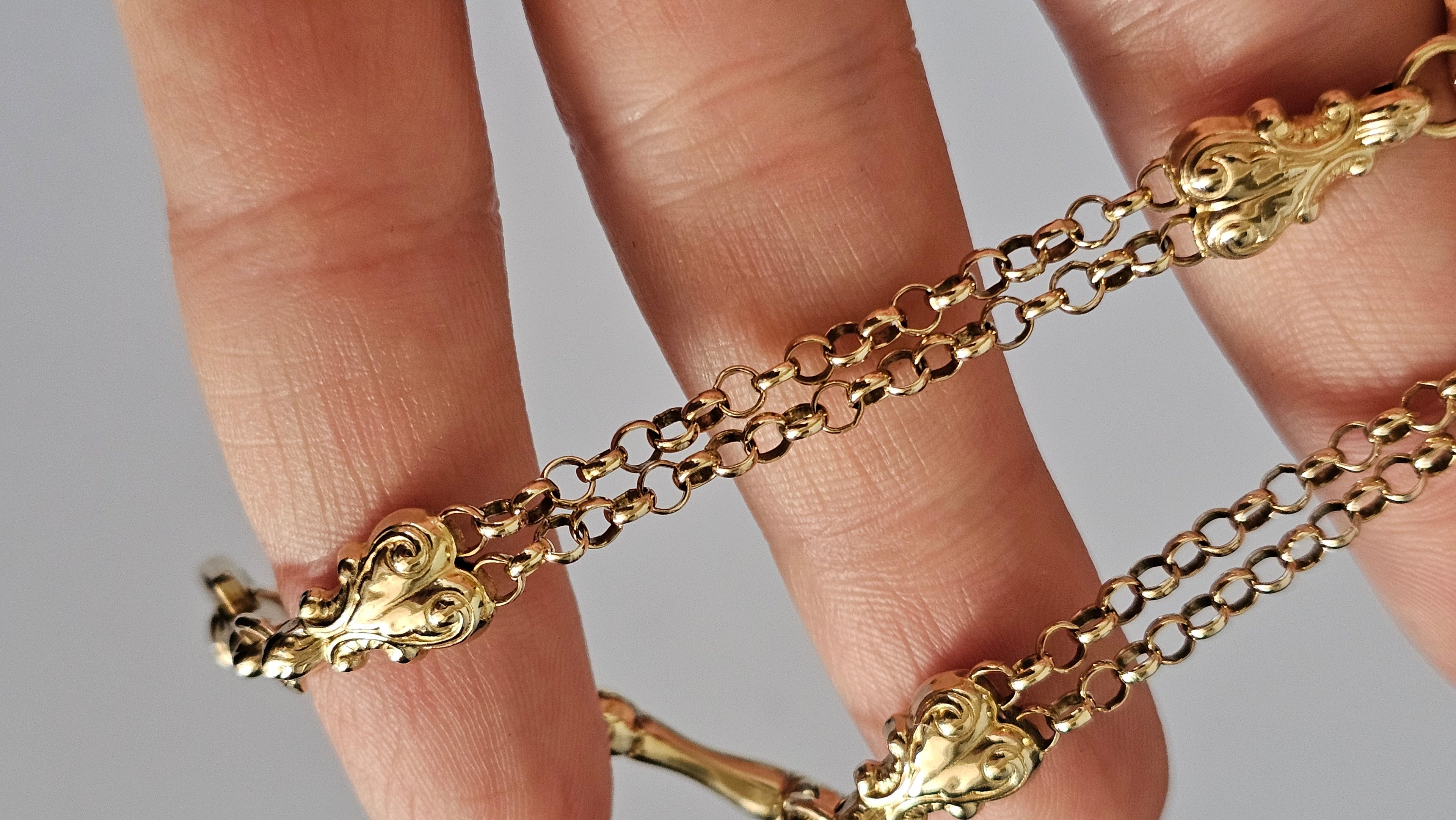 Solid 9ct Yellow Gold Double Albert Chain Bracelet with T-Bar & Dog Clip – 10.9g