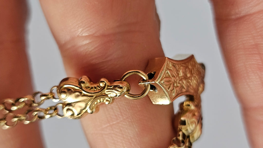 Solid 9ct Yellow Gold Double Albert Chain Bracelet with T-Bar & Dog Clip – 10.9g
