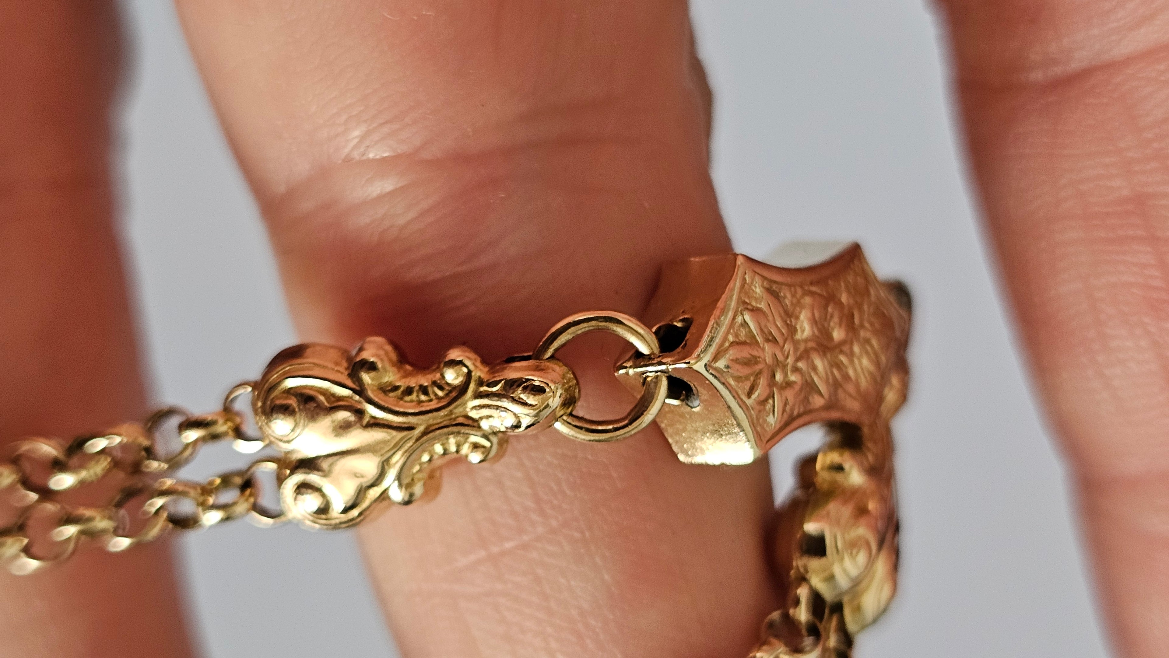 Solid 9ct Yellow Gold Double Albert Chain Bracelet with T-Bar & Dog Clip – 10.9g