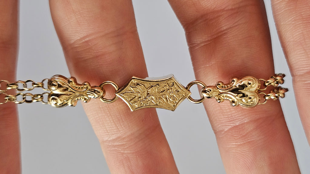 Solid 9ct Yellow Gold Double Albert Chain Bracelet with T-Bar & Dog Clip – 10.9g
