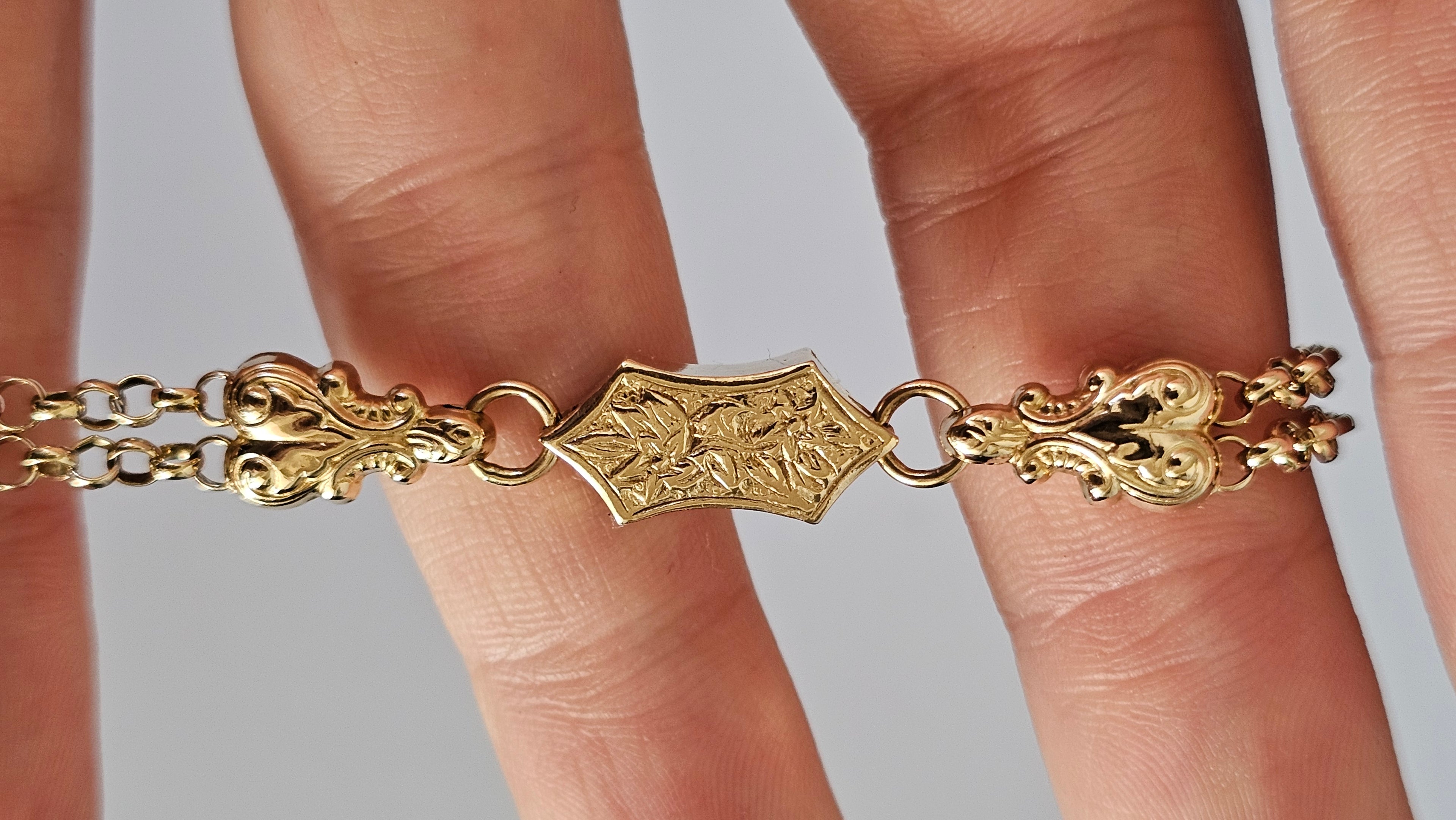 Solid 9ct Yellow Gold Double Albert Chain Bracelet with T-Bar & Dog Clip – 10.9g