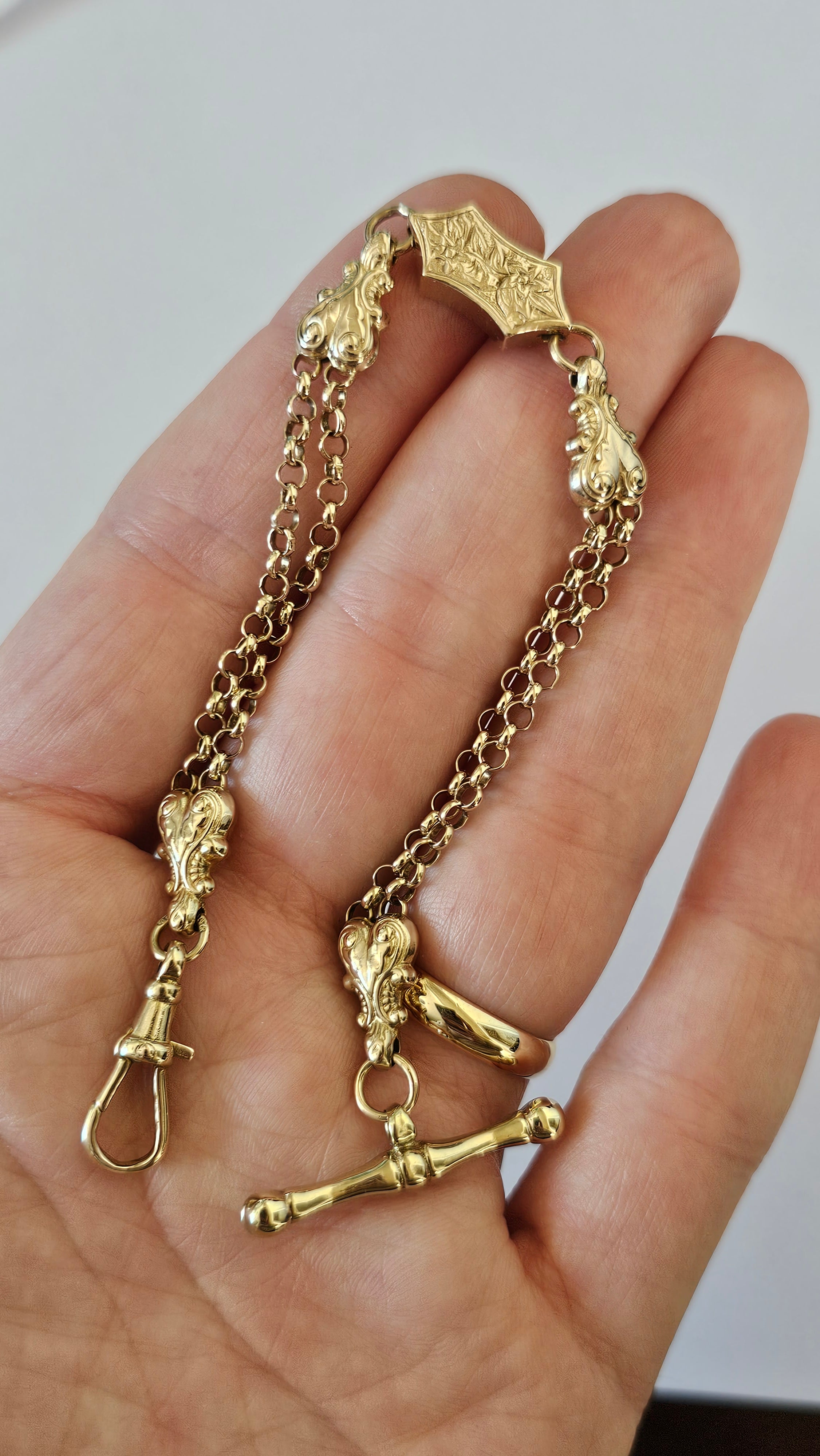 Solid 9ct Yellow Gold Double Albert Chain Bracelet with T-Bar & Dog Clip – 10.9g