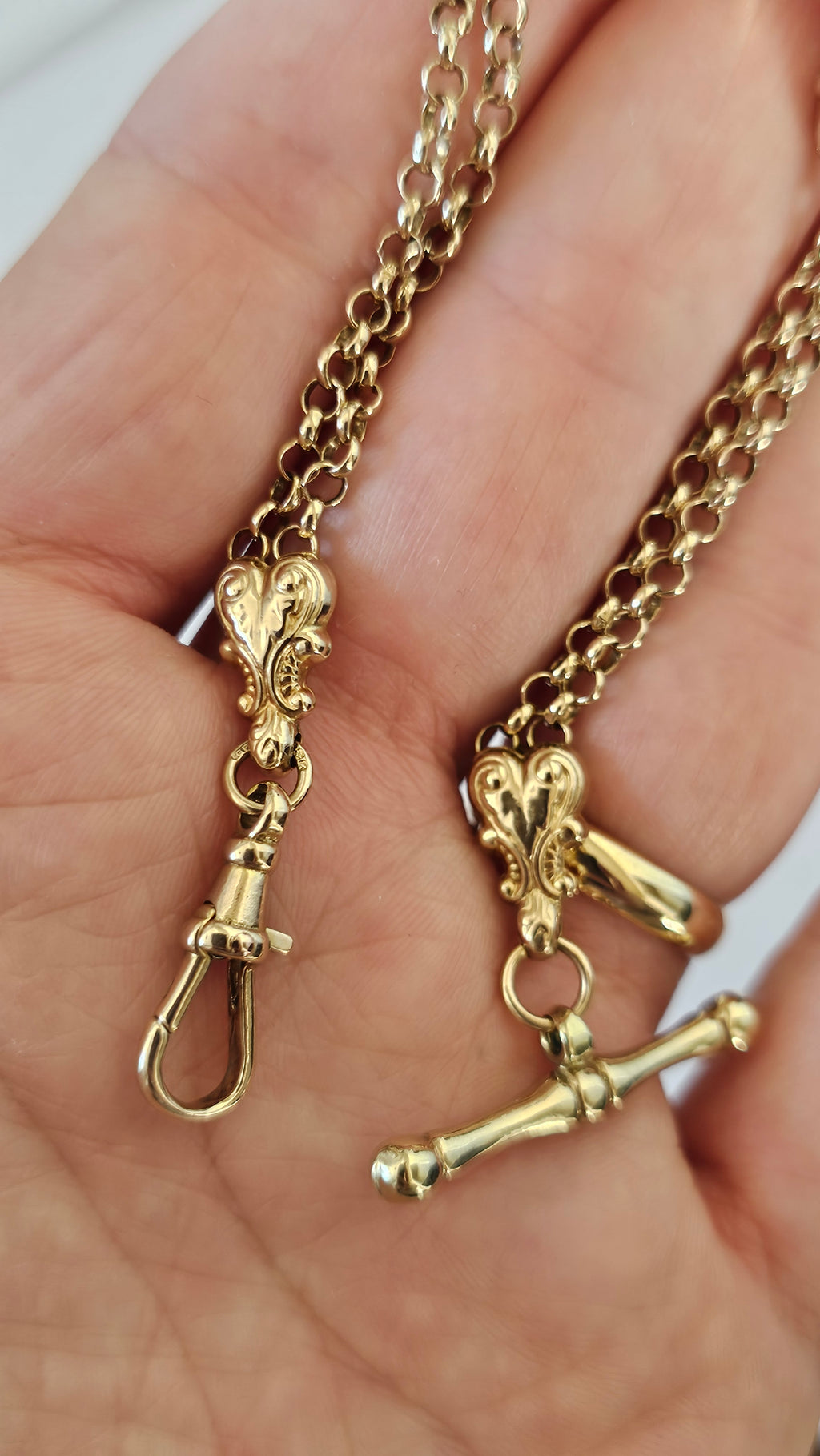 Solid 9ct Yellow Gold Double Albert Chain Bracelet with T-Bar & Dog Clip – 10.9g