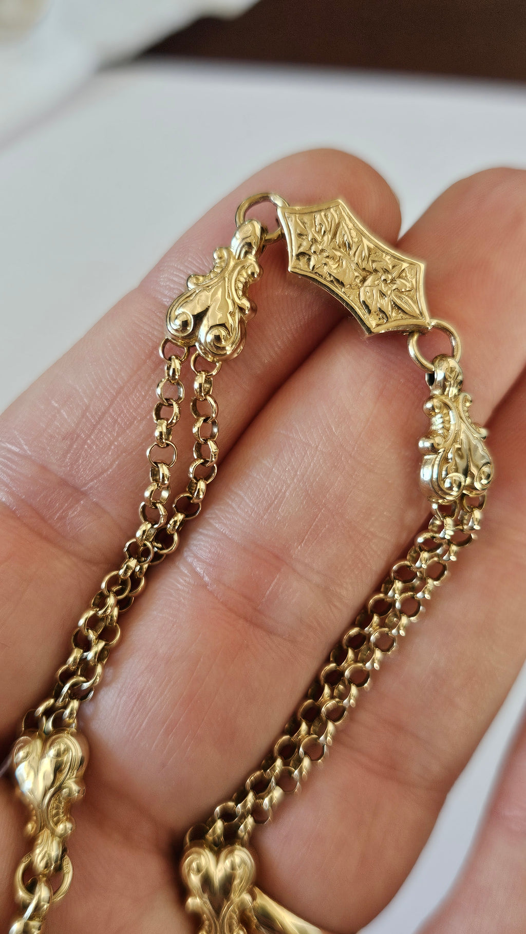 Solid 9ct Yellow Gold Double Albert Chain Bracelet with T-Bar & Dog Clip – 10.9g