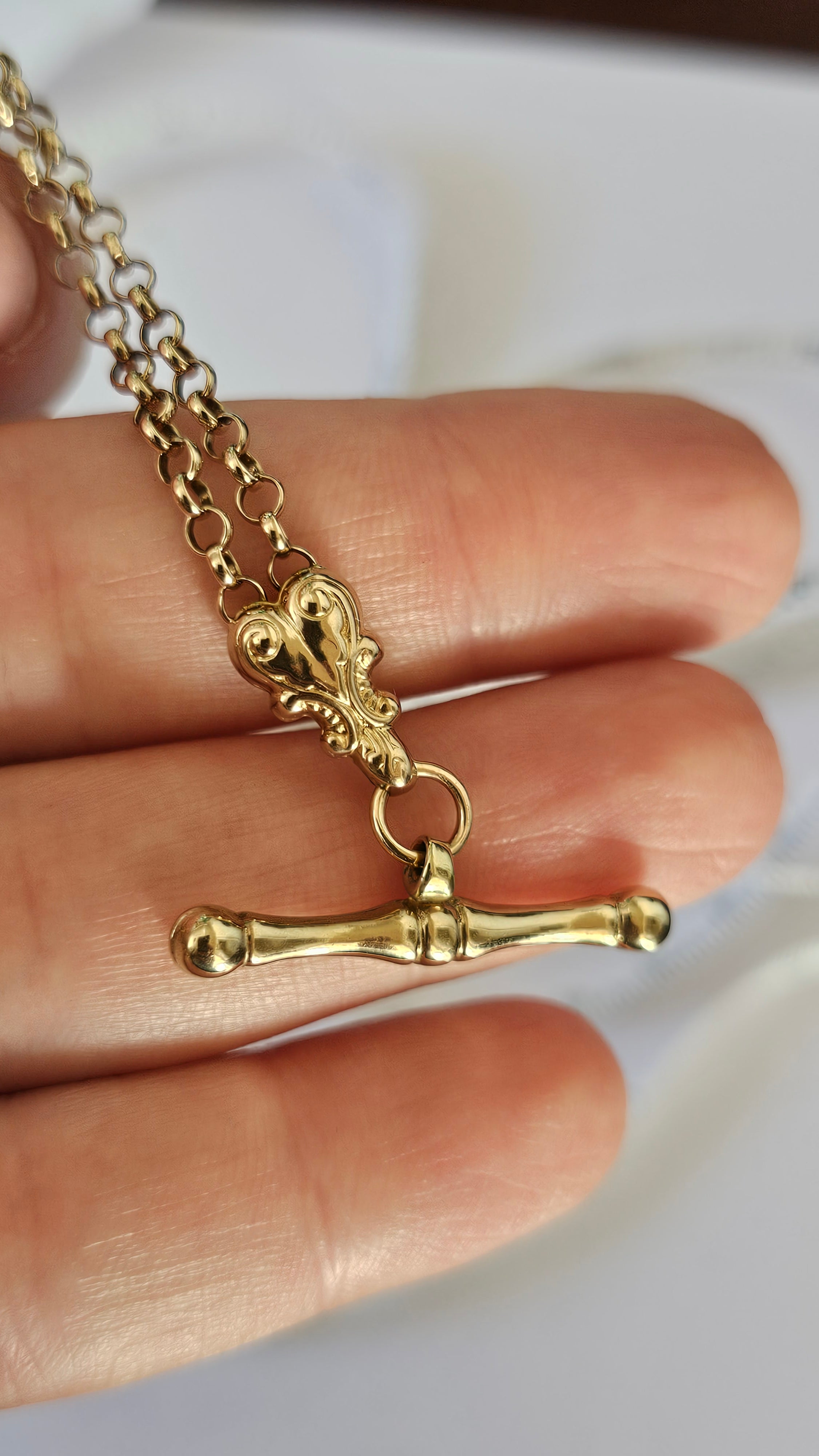 Solid 9ct Yellow Gold Double Albert Chain Bracelet with T-Bar & Dog Clip – 10.9g