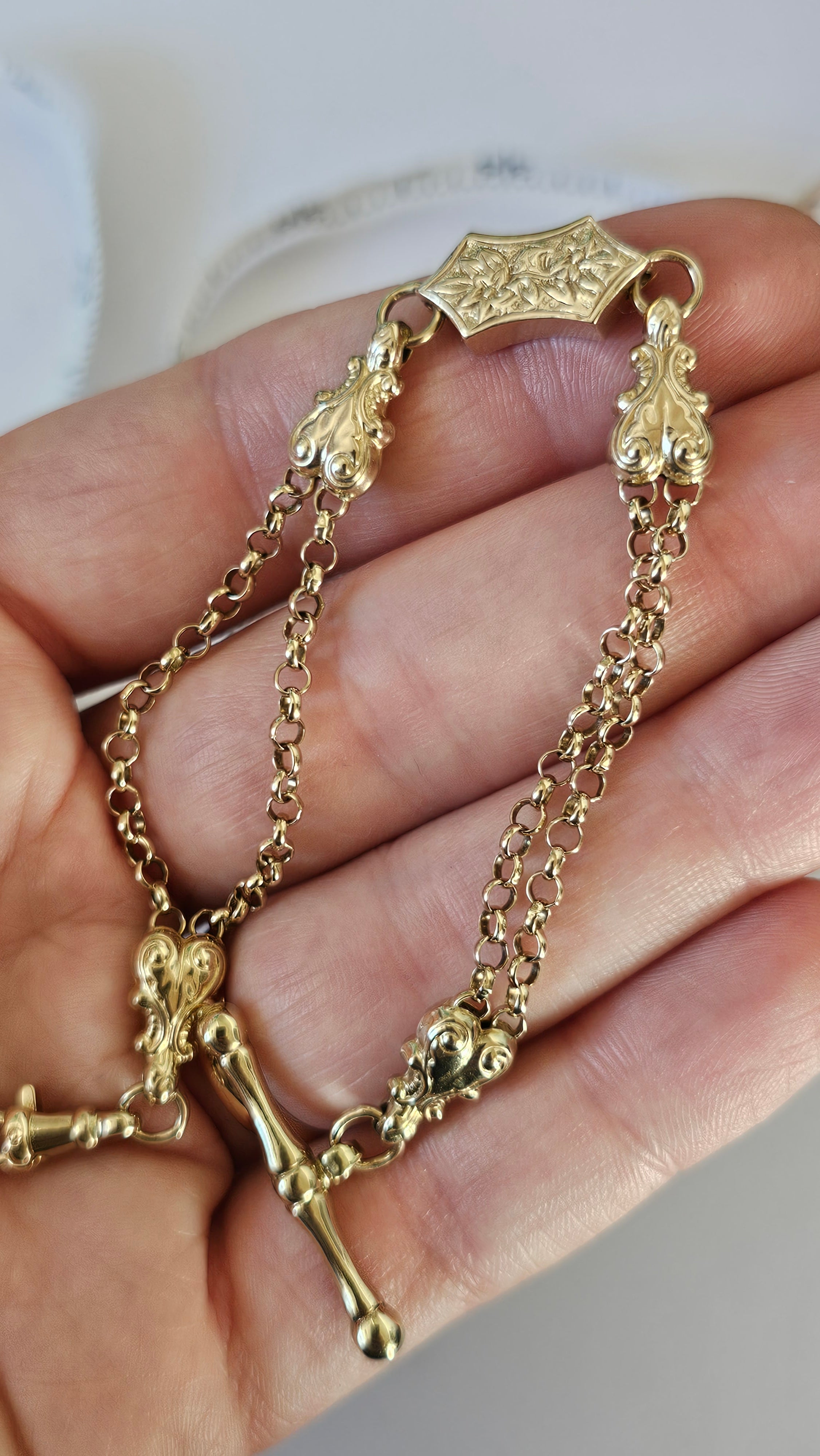 Solid 9ct Yellow Gold Double Albert Chain Bracelet with T-Bar & Dog Clip – 10.9g