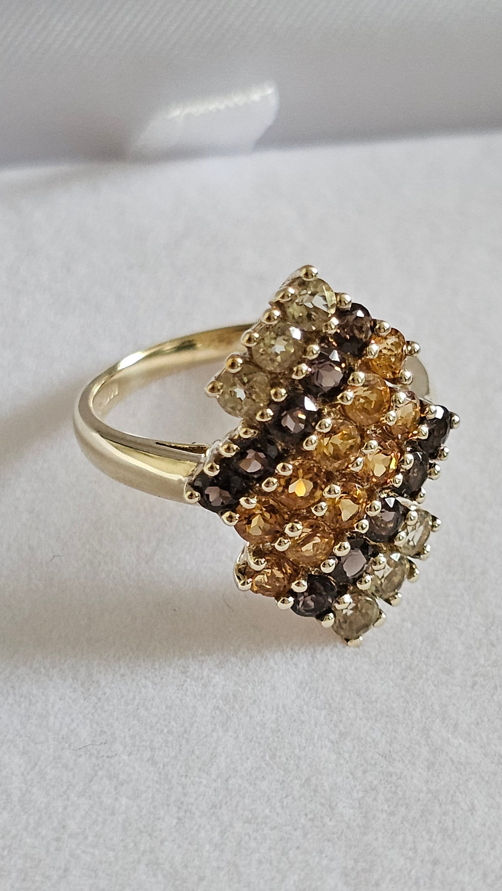 9ct Yellow Gold Multi-Gemstone Stepped Cluster Statement Ring UK Size L 1/2