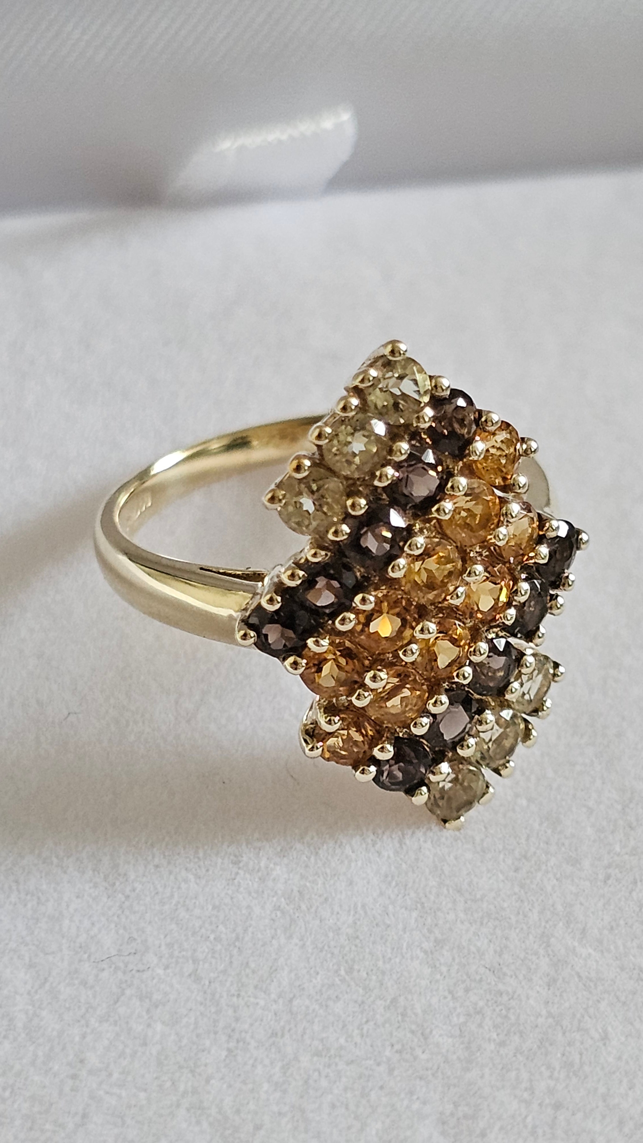 9ct Yellow Gold Multi-Gemstone Stepped Cluster Statement Ring UK Size L 1/2