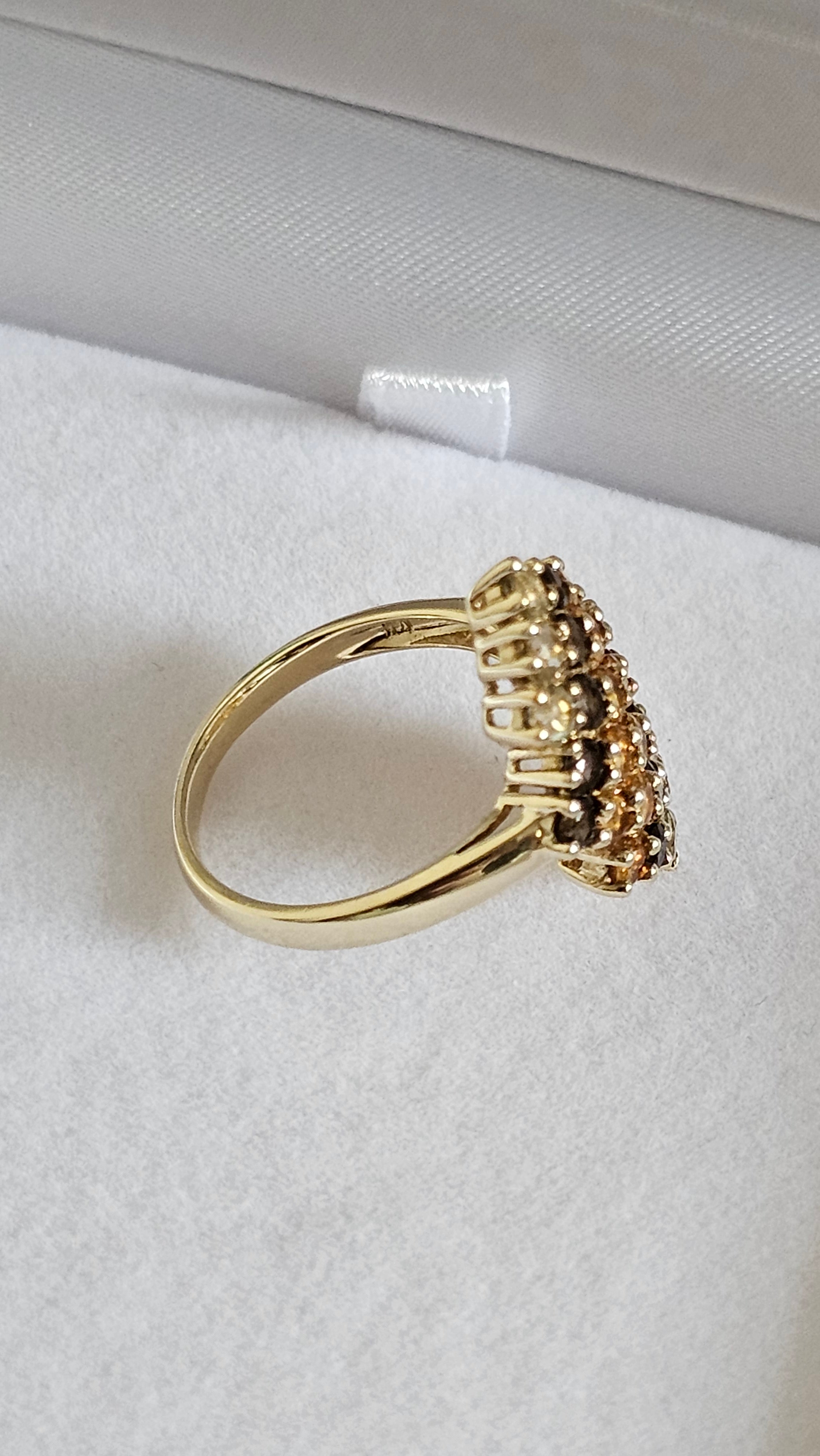 9ct Yellow Gold Multi-Gemstone Stepped Cluster Statement Ring UK Size L 1/2