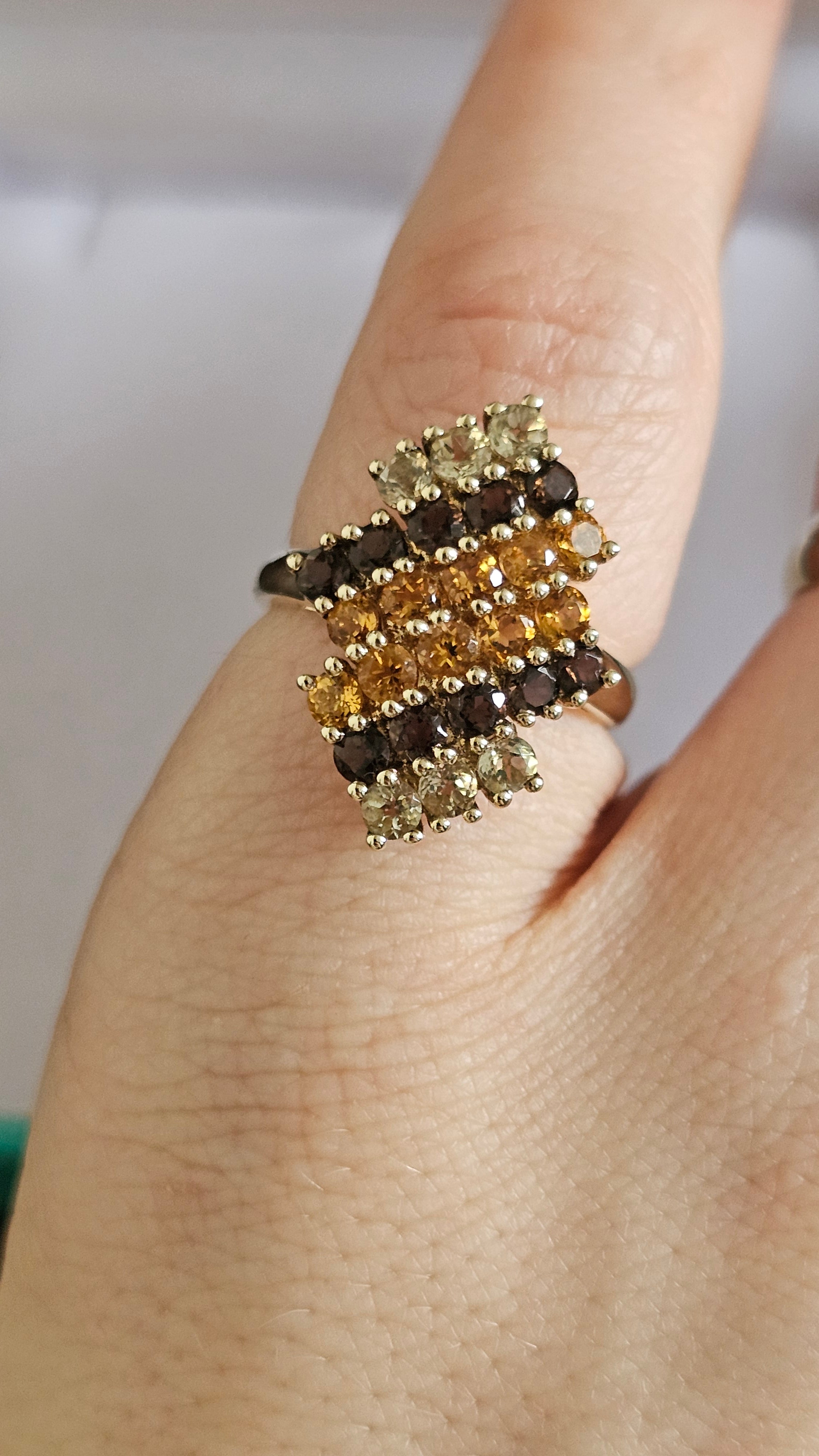 9ct Yellow Gold Multi-Gemstone Stepped Cluster Statement Ring UK Size L 1/2