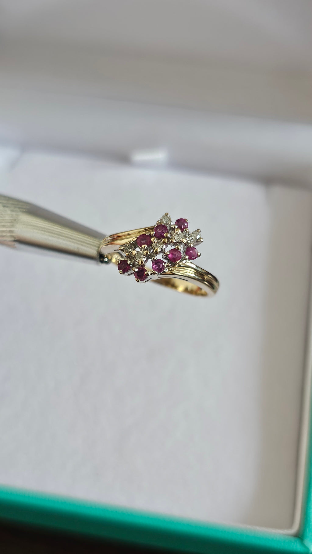 Vintage 9ct Yellow Gold Ruby & Diamond Accent Cluster Ring – UK Size M 1/2